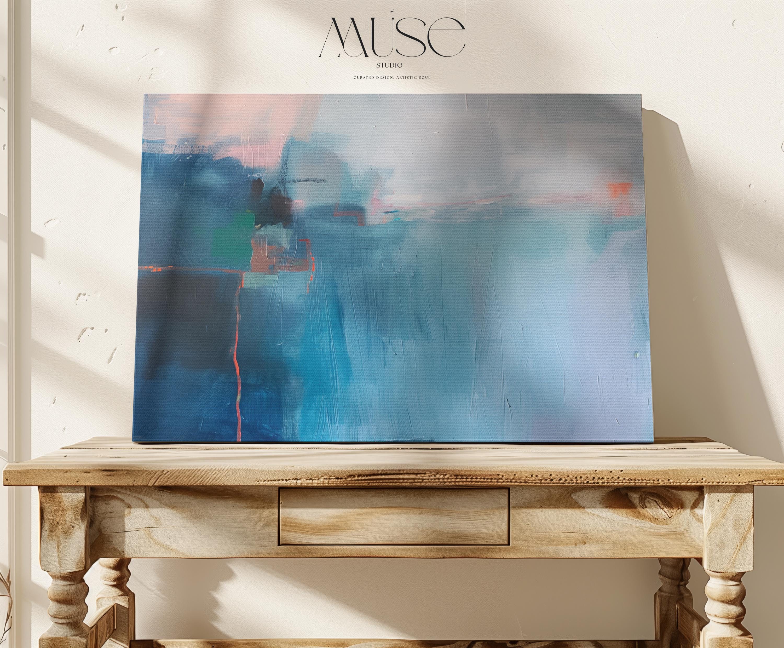 Coastal Blue Horizontal Canvas Wall Art, Large Framed Abstract Painting for Living Room Decor, Soft Textured Ocean Tones Artwork 402 Stretched Canvas Art Large abstract wall decor on stretched canvas, gallery-wrapped and ready to hang. Perfect for colorful wall art in living rooms, office spaces, and design projects. Giclée canvas print with bold brushwork and vibrant modern style for impactful home decor. Muse Studio Decor Art.