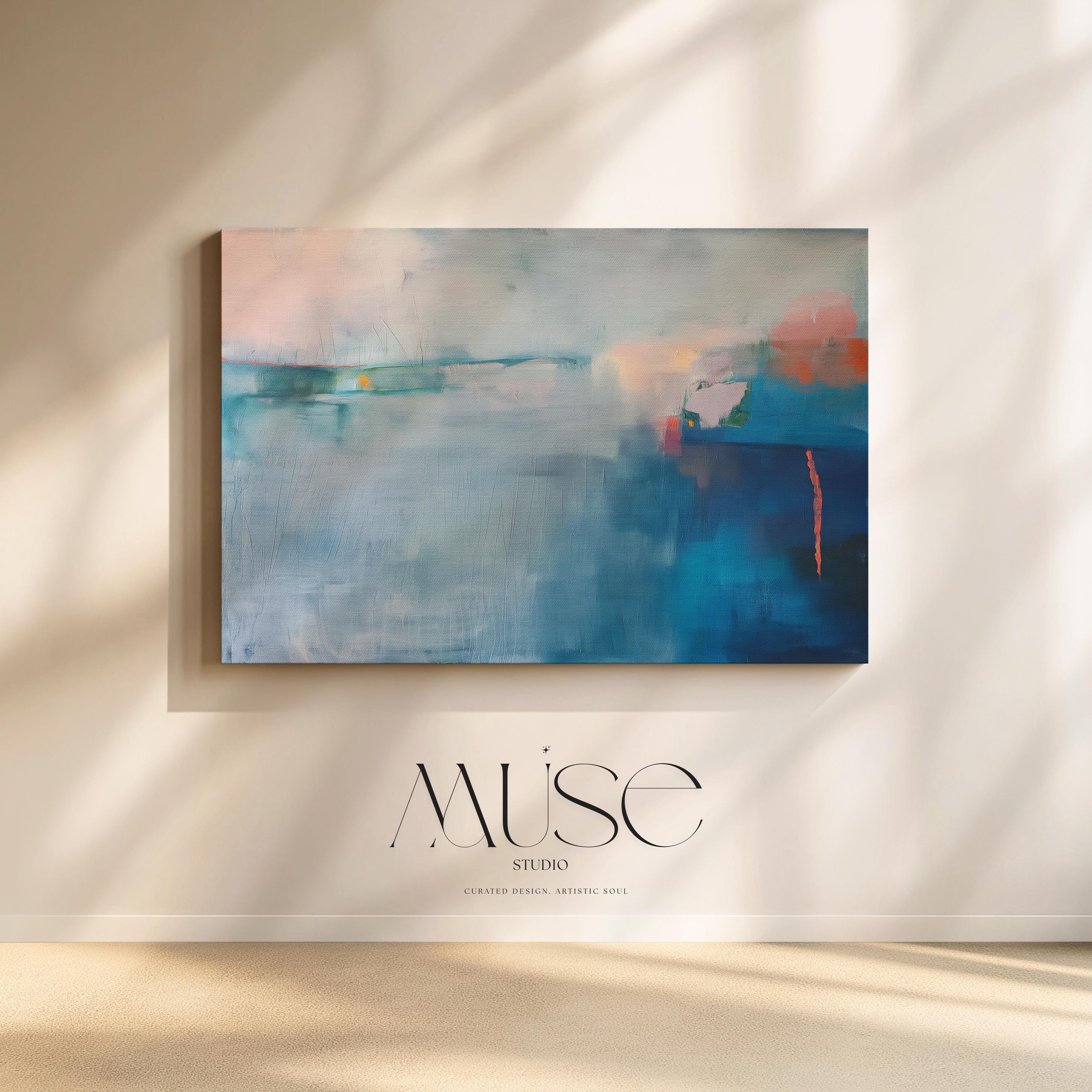Large Horizontal Blue Canvas Wall Art, Abstract Coastal Painting in Navy and Mist, Framed Art for Living Room or Bedroom Decor 265 Stretched Canvas Art Large abstract wall decor on stretched canvas, gallery-wrapped and ready to hang. Perfect for colorful wall art in living rooms, office spaces, and design projects. Giclée canvas print with bold brushwork and vibrant modern style for impactful home decor. Muse Studio Decor Art.