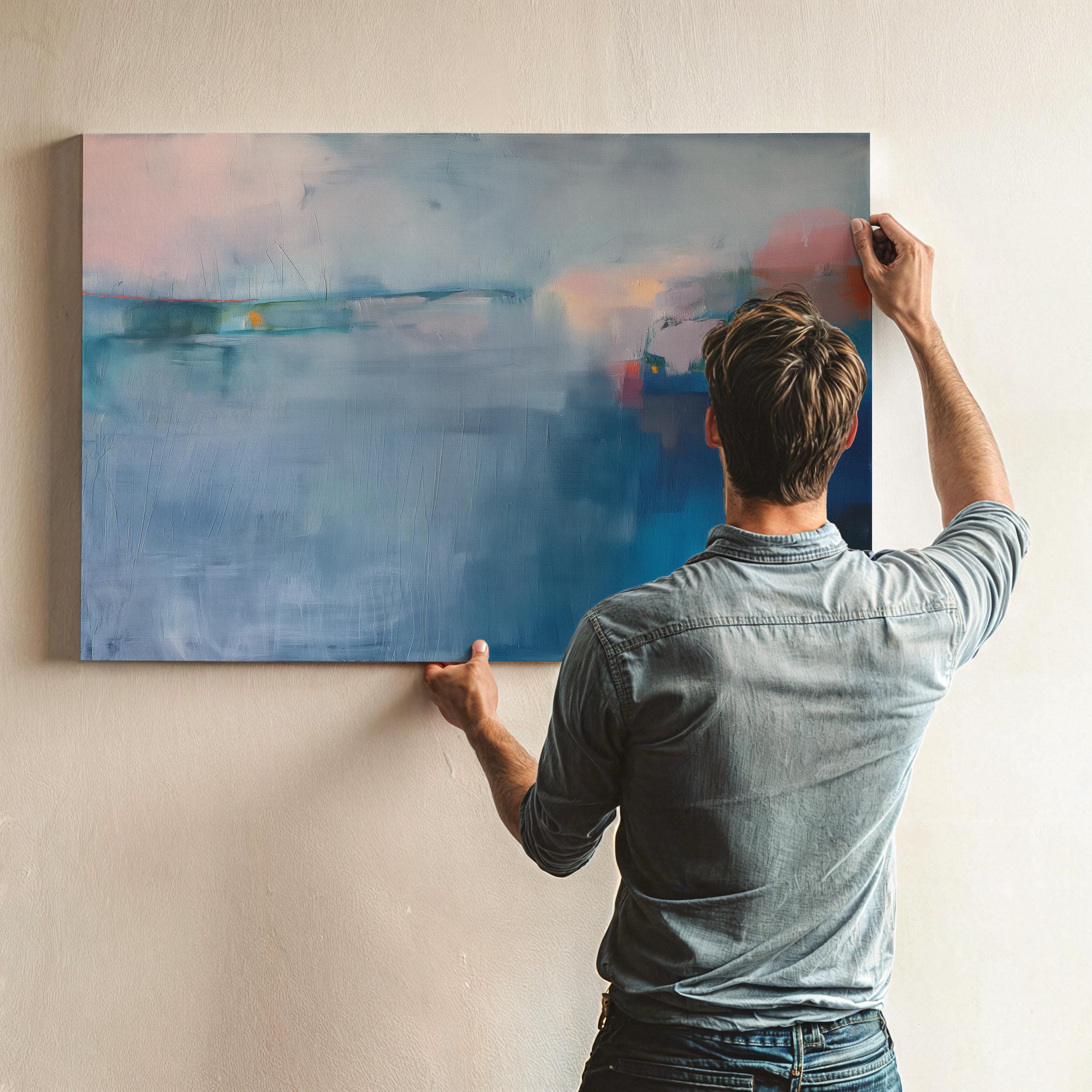 Large Horizontal Blue Canvas Wall Art, Abstract Coastal Painting in Navy and Mist, Framed Art for Living Room or Bedroom Decor 265