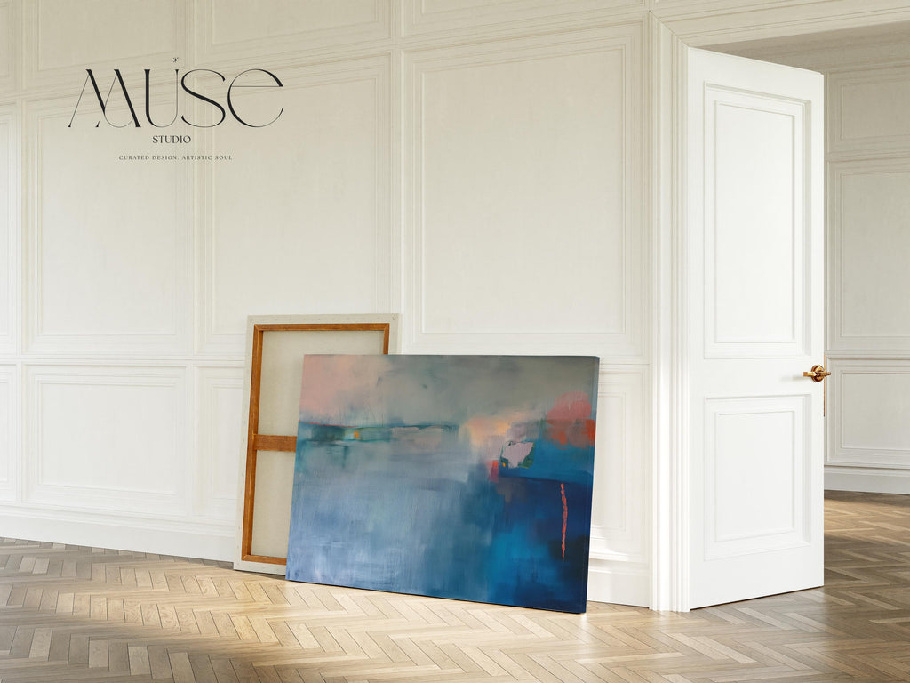 Large Horizontal Blue Canvas Wall Art, Abstract Coastal Painting in Navy and Mist, Framed Art for Living Room or Bedroom Decor 265