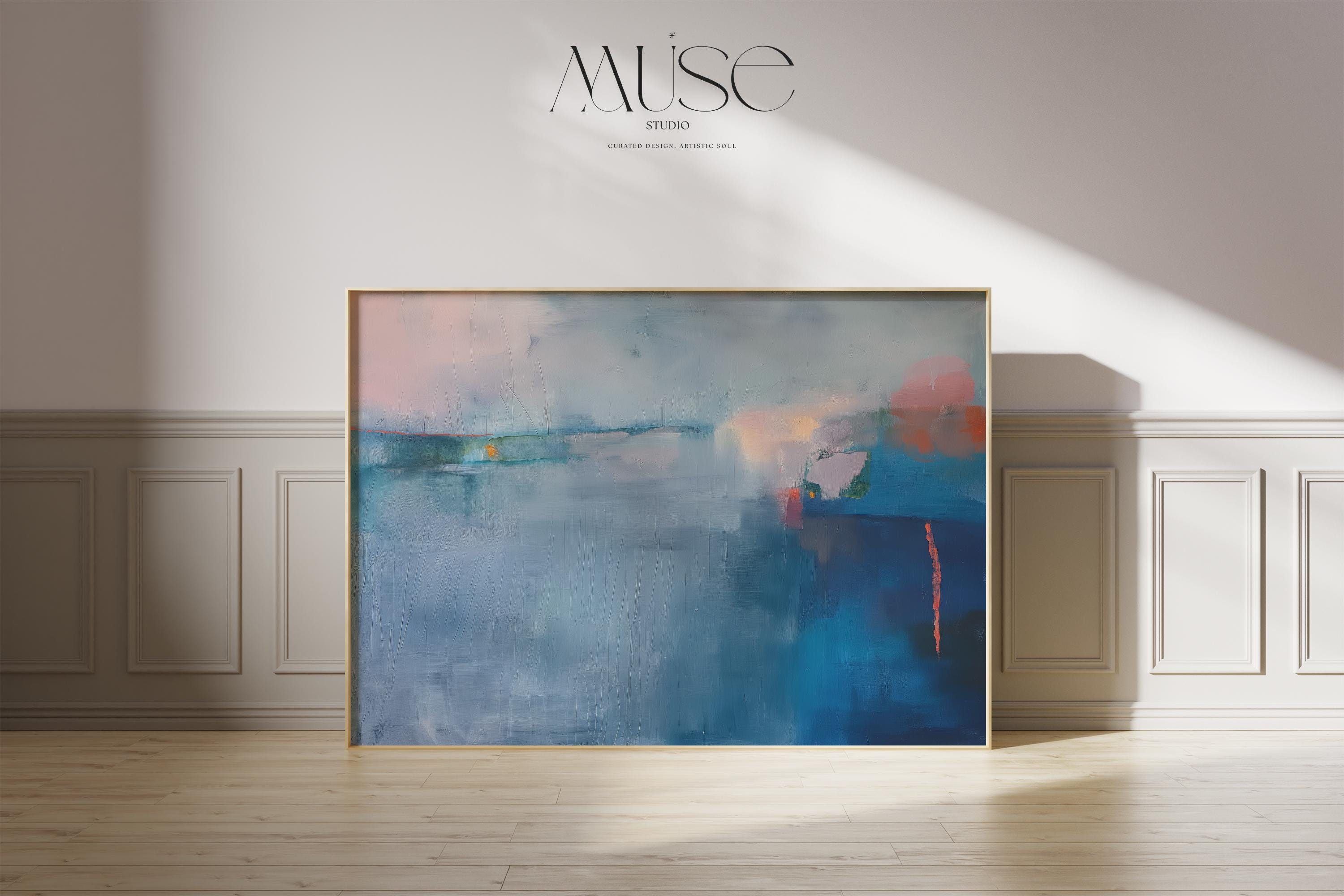 Fine Art Poster Print Coastal Blue Abstract, Horizontal Wall Art in Mist and Navy, Large Giclée Print for Bedroom or Living Room 265