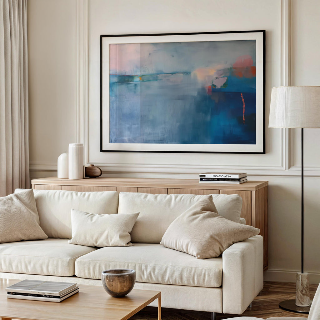 Fine Art Poster Print Coastal Blue Abstract, Horizontal Wall Art in Mist and Navy, Large Giclée Print for Bedroom or Living Room 265