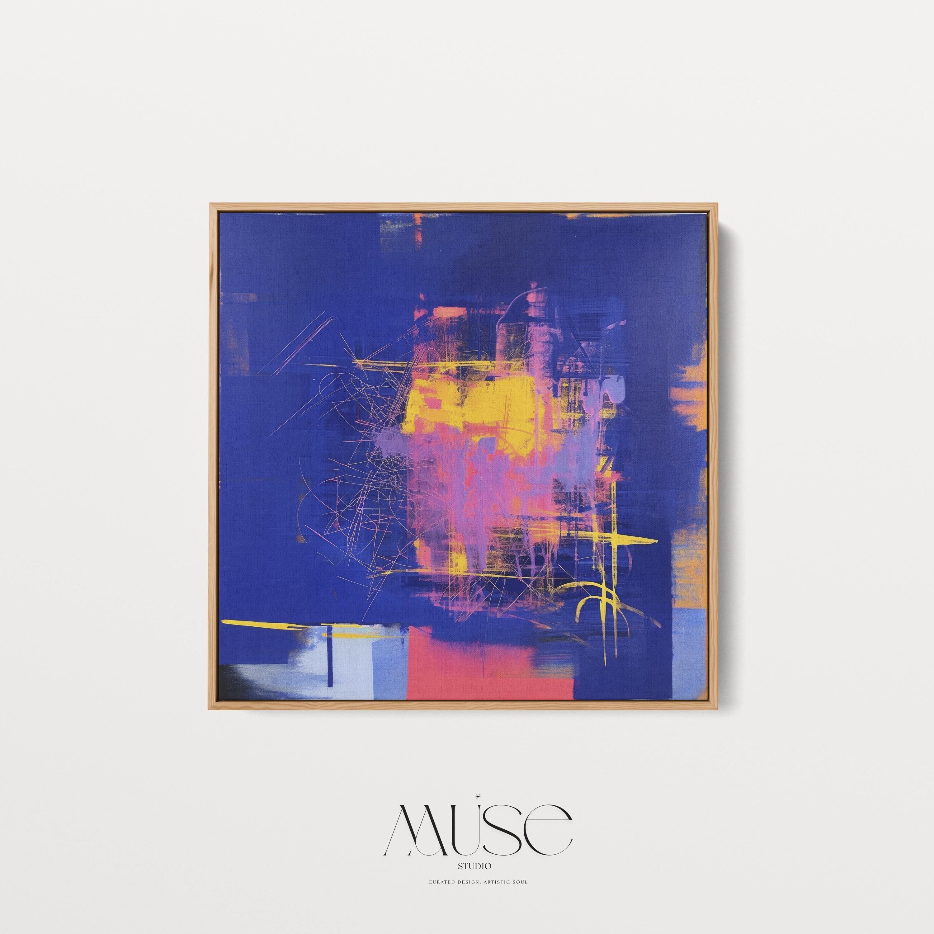 Bright Colorful Framed Abstract Wall Art, Bold Blue and Pink Square Canvas for Eclectic Interiors, Dopamine Decor Statement Piece 002