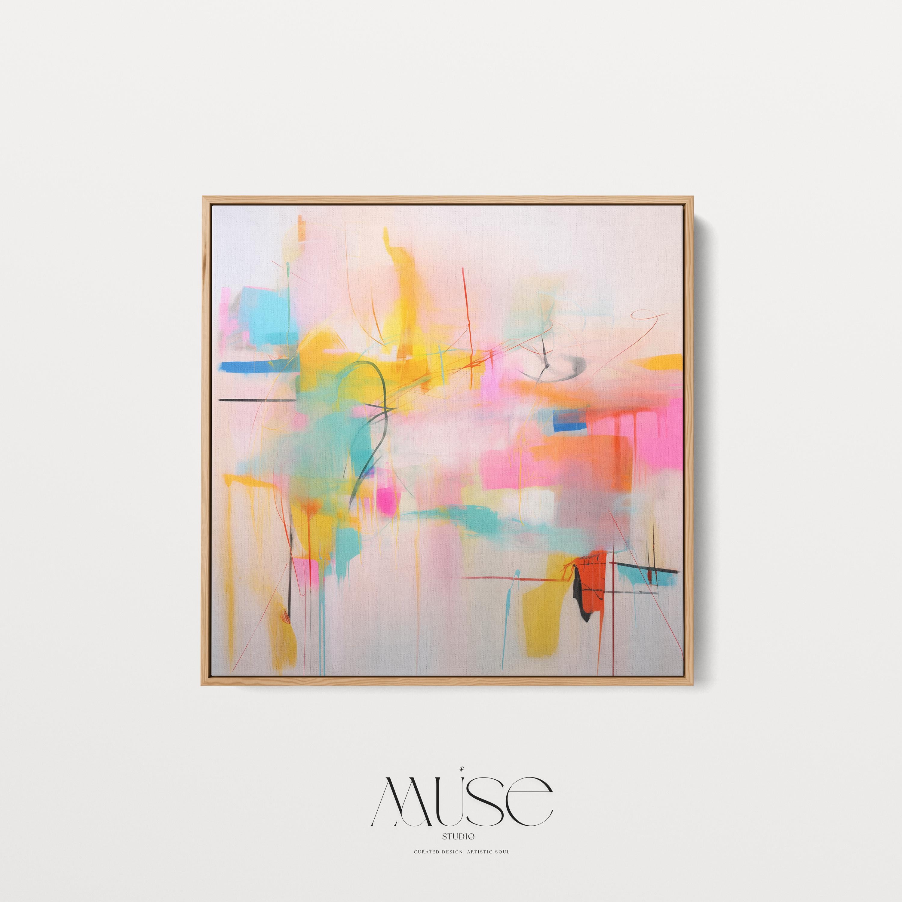 Colorful Square Framed Abstract Wall Art, Vibrant Pink Yellow and Aqua Canvas, Playful Dopamine Decor for Modern Interiors 031