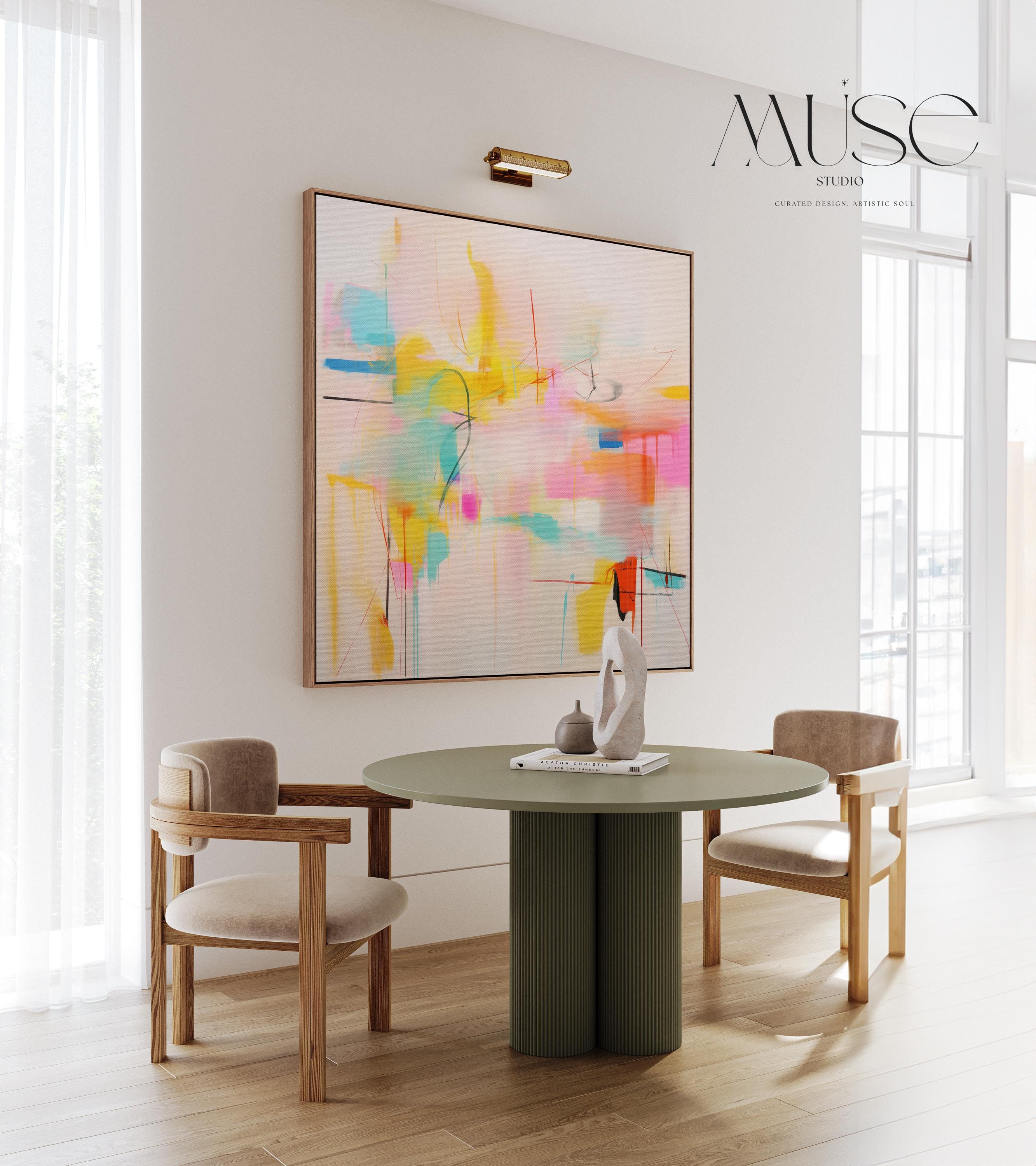 Colorful Square Framed Abstract Wall Art, Vibrant Pink Yellow and Aqua Canvas, Playful Dopamine Decor for Modern Interiors 031 Framed Canvas Art Colorful abstract wall art on framed canvas, perfect for bold decor art and modern wall decor. Large statement piece with expressive brushstrokes and rich textures. Ready-to-hang giclée canvas designed to energize living rooms, offices, and curated interiors. Muse Studio Decor Art.