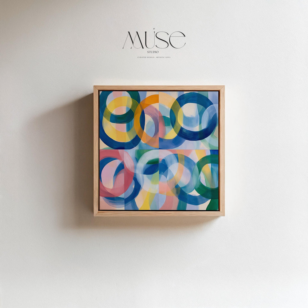 Colorful Midcentury Modern Abstract Wall Art by Muse Studio, Square Geometric Circle Painting in Bold Red Blue Yellow and Green, Floating Framed Canvas or Poster Print for Living Room or Office Decor with museum-grade giclée inks on premium gallery-wrapped canvas