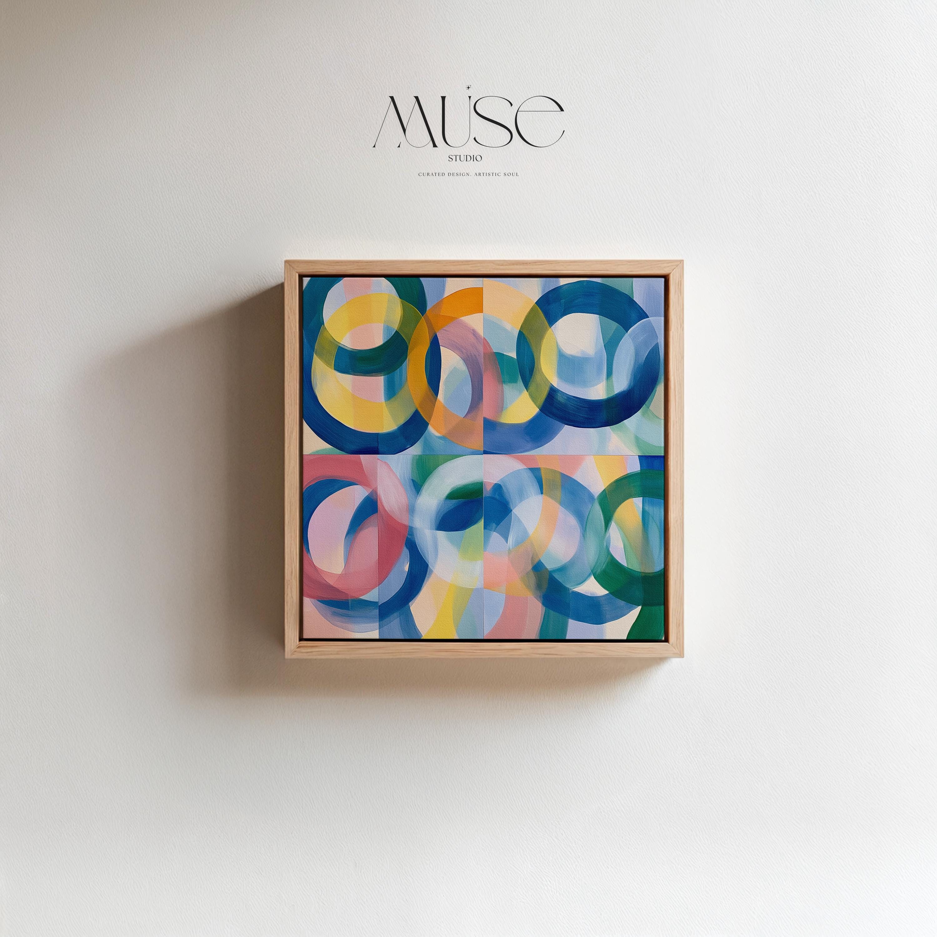 Colorful Midcentury Modern Abstract Wall Art by Muse Studio, Square Geometric Circle Painting in Bold Red Blue Yellow and Green, Floating Framed Canvas or Poster Print for Living Room or Office Decor with museum-grade giclée inks on premium gallery-wrapped canvas