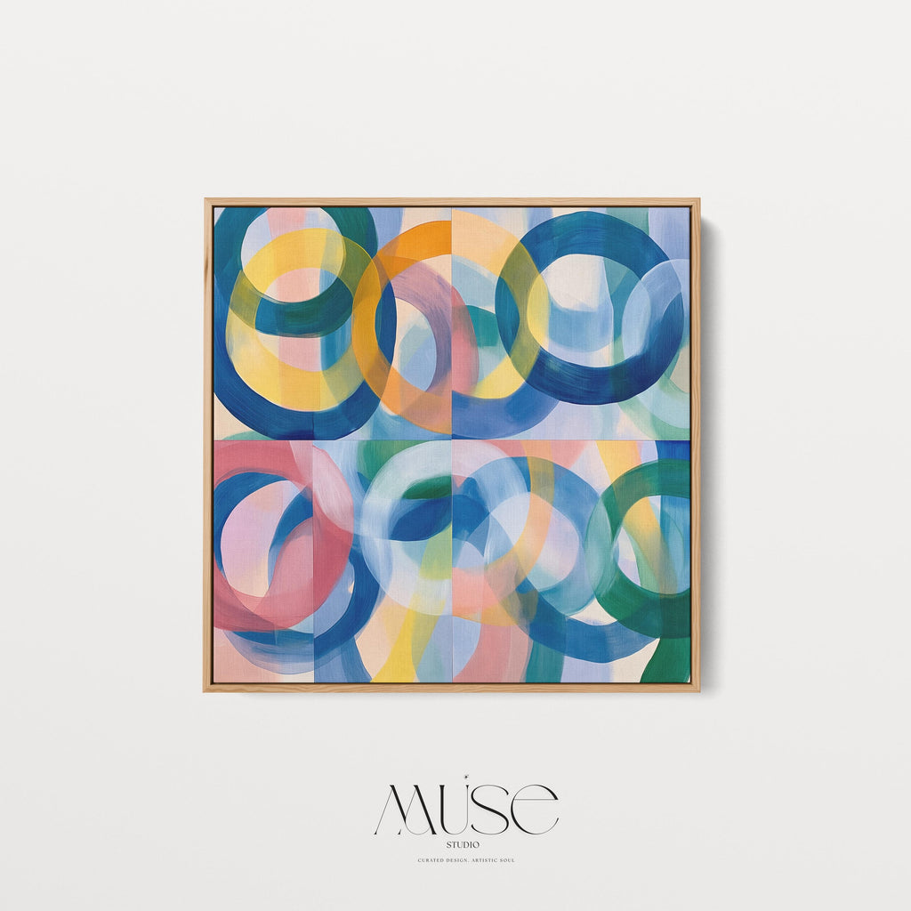 Colorful Modern Framed Abstract Wall Art, Bold Circle Pattern in Pink Blue and Yellow, Geometric Canvas Decor for Contemporary Homes 410 Framed Canvas Art Colorful abstract wall art on framed canvas, perfect for bold decor art and modern wall decor. Large statement piece with expressive brushstrokes and rich textures. Ready-to-hang giclée canvas designed to energize living rooms, offices, and curated interiors. Muse Studio Decor Art.