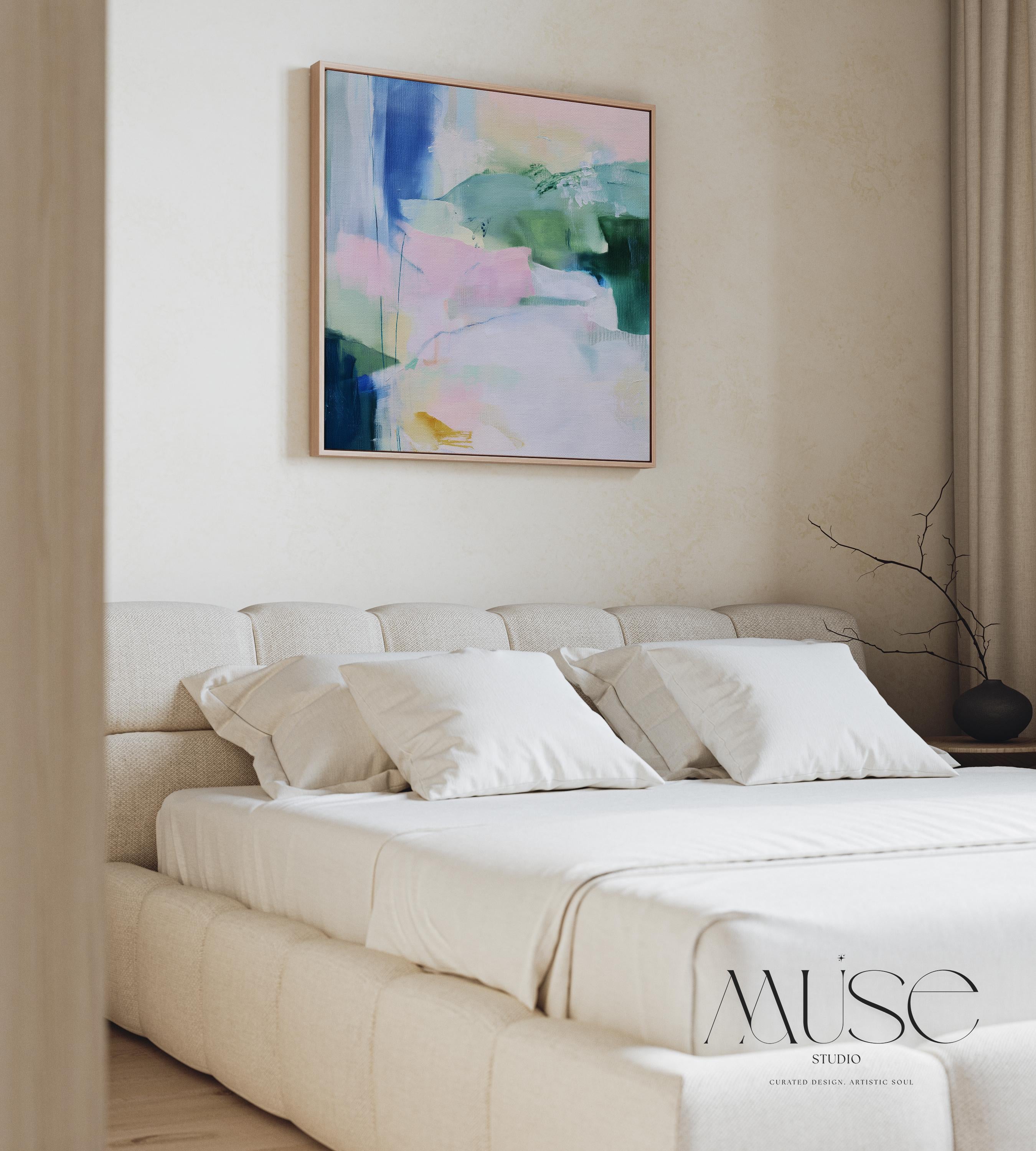Soft Green and Blue Abstract Framed Canvas Wall Art, Large Pastel Painting for Bedroom or Office, Nature Inspired Decor Art Print 421