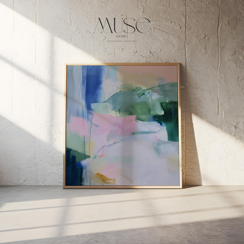 Soft Green and Blue Abstract Framed Canvas Wall Art, Large Pastel Painting for Bedroom or Office, Nature Inspired Decor Art Print 421
