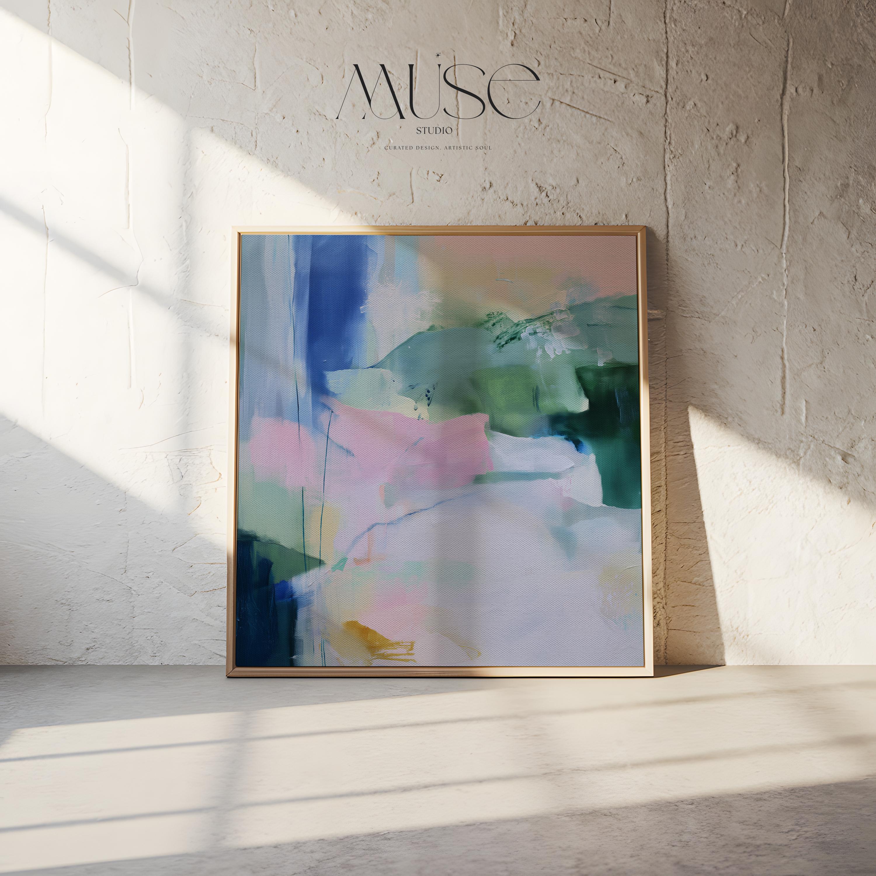 Soft Green and Blue Abstract Framed Canvas Wall Art, Large Pastel Painting for Bedroom or Office, Nature Inspired Decor Art Print 421