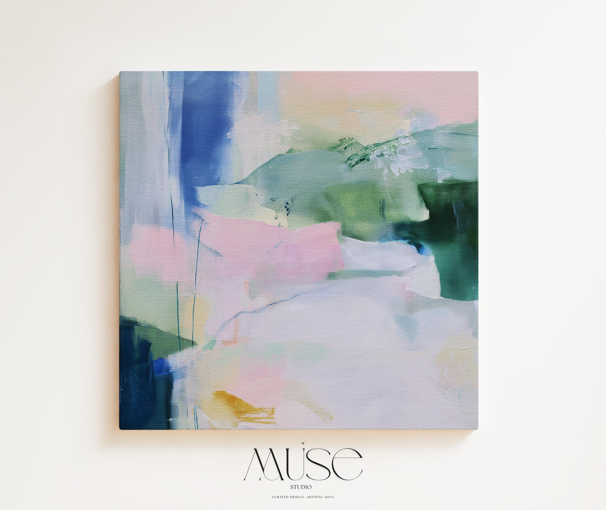 Square pastel abstract wall art in soft green, blue, and pink hues with a minimalist, serene design. Ideal for bedrooms or nurseries seeking gentle color and calm ambiance. Available as fine art poster or framed wall art by Muse Studio.