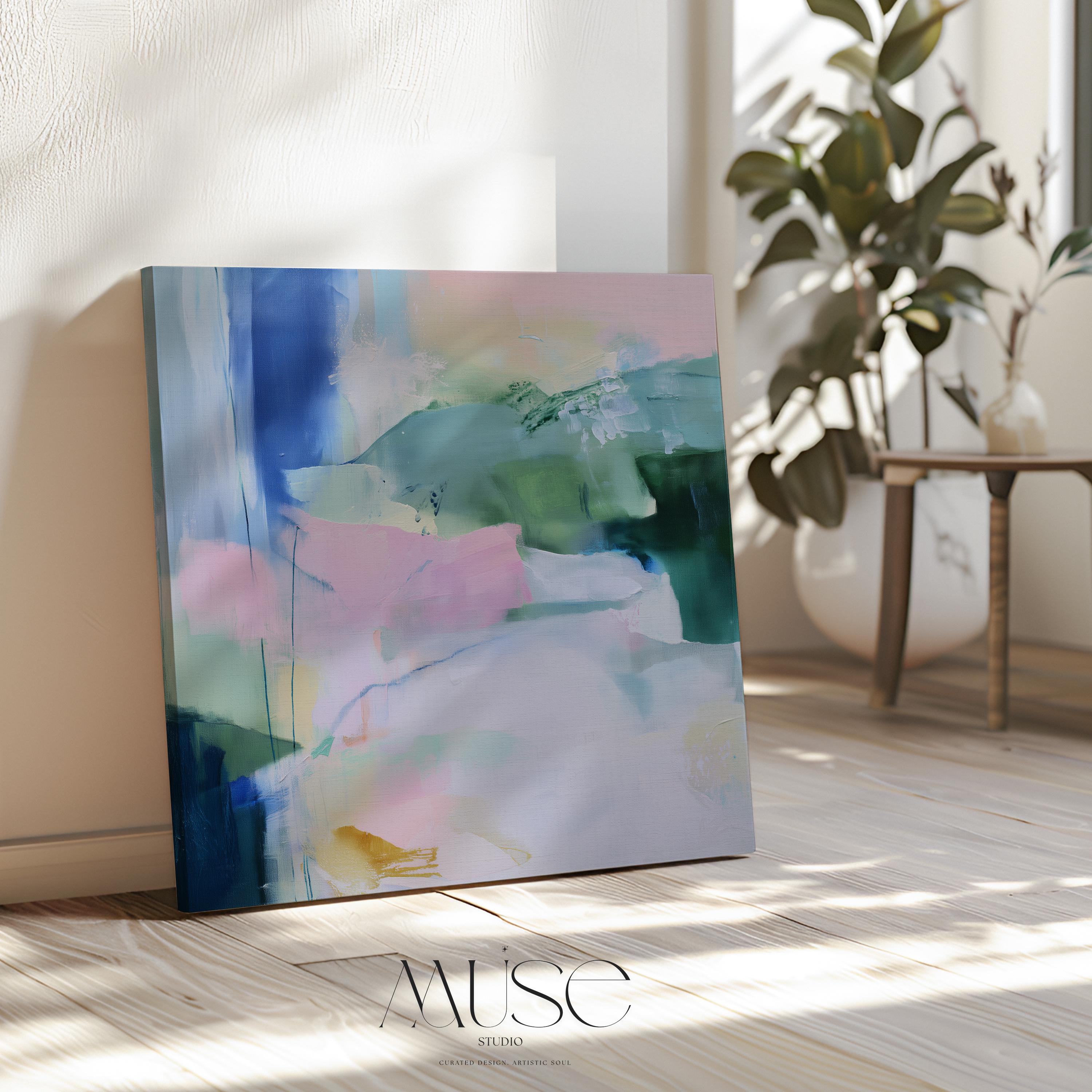 Square pastel abstract wall art in soft green, blue, and pink hues with a minimalist, serene design. Ideal for bedrooms or nurseries seeking gentle color and calm ambiance. Available as fine art poster or framed wall art by Muse Studio.