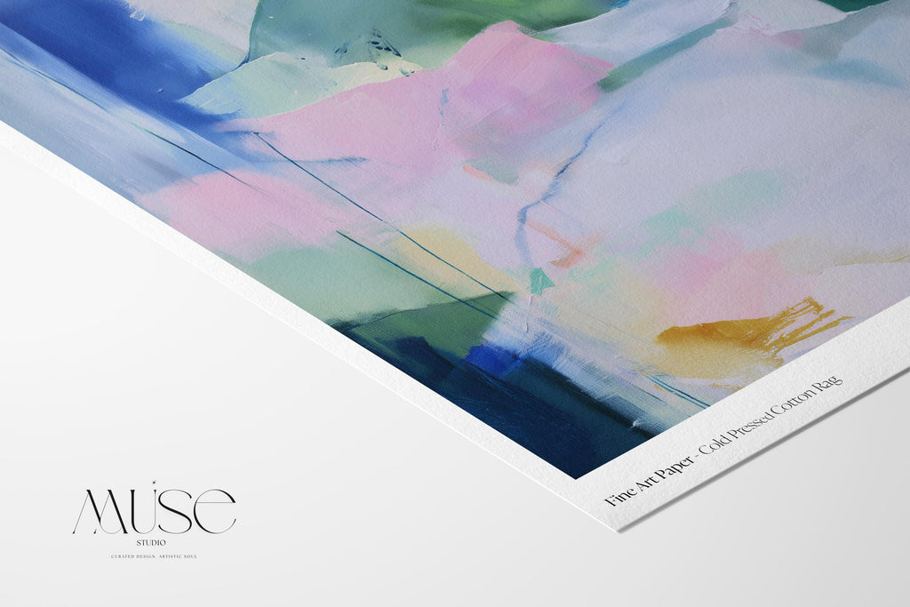 Square pastel abstract wall art in soft green, blue, and pink hues with a minimalist, serene design. Ideal for bedrooms or nurseries seeking gentle color and calm ambiance. Available as fine art poster or framed wall art by Muse Studio.