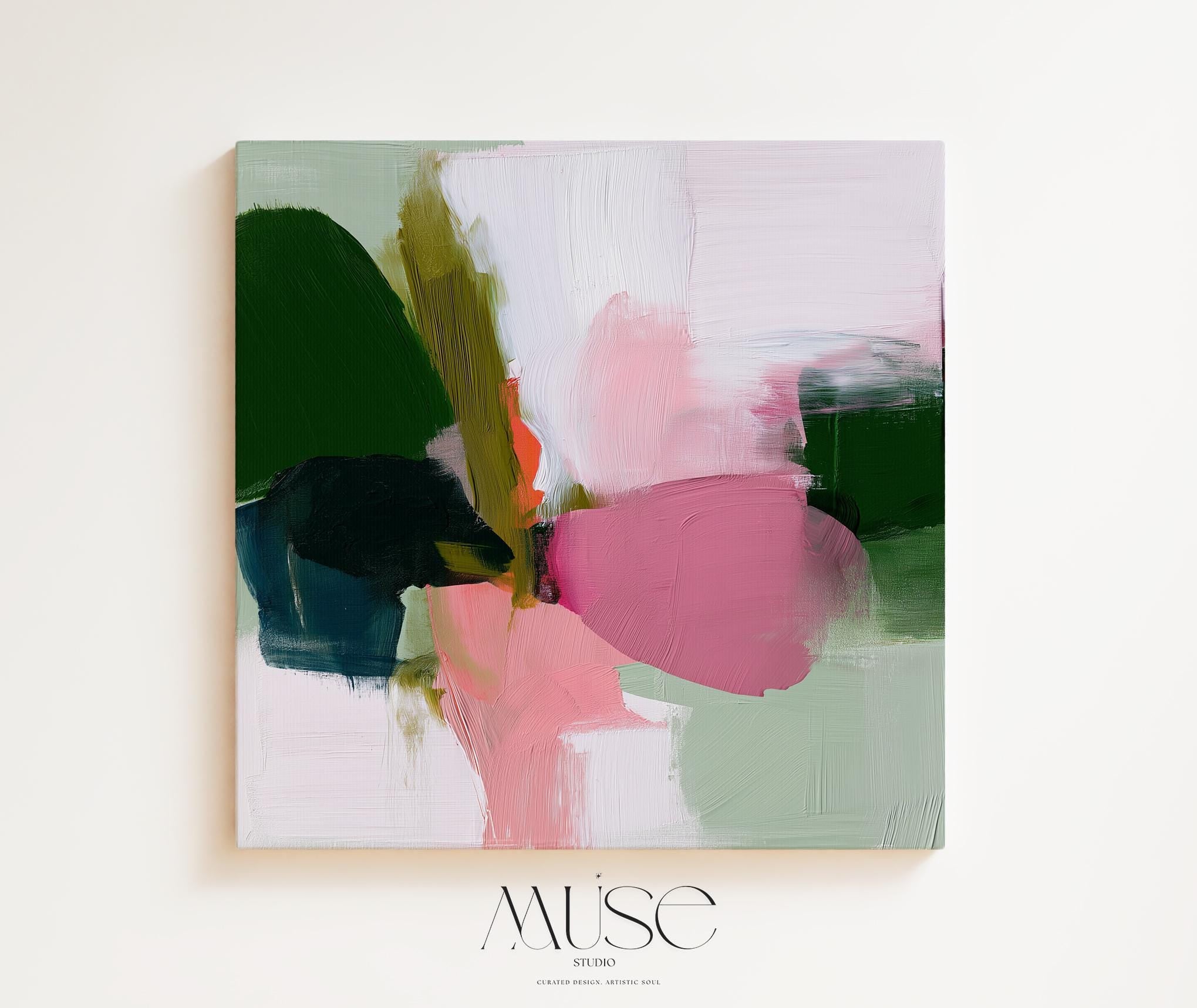 Large colorful abstract art print on stretched canvas, gallery-wrapped and ready to hang. Perfect for vibrant wall decor in homes, modern offices, and staging projects. Giclée canvas print featuring bold brushstrokes, expressive color, and modern statement style. Bold Abstract Wall Art Olive Green Blush Rose Pink Canvas Print Square Framed Colorful Art for Living Room Decor or Office | 430