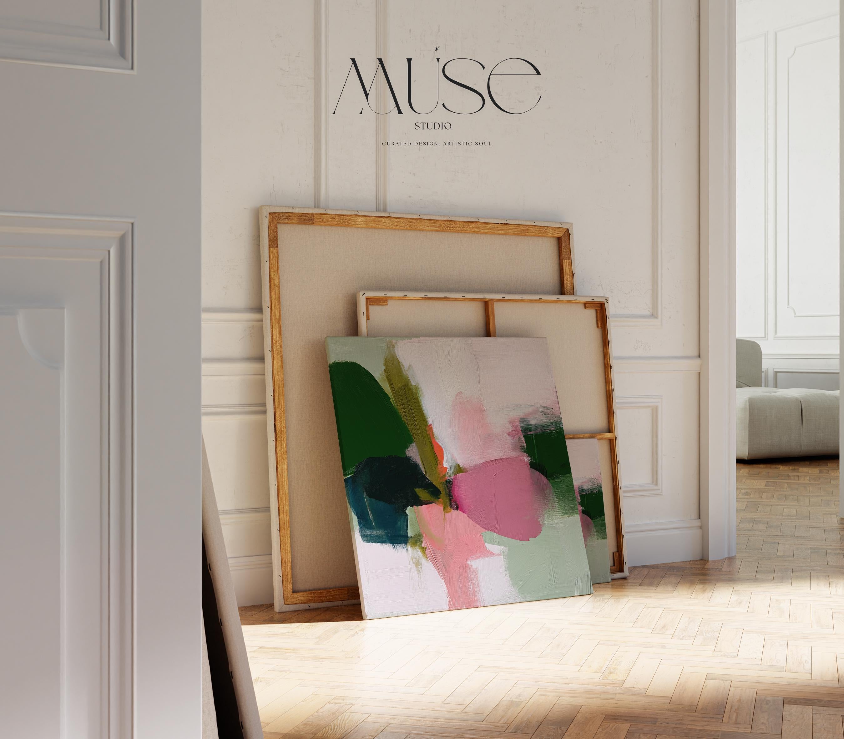 Large colorful abstract art print on stretched canvas, gallery-wrapped and ready to hang. Perfect for vibrant wall decor in homes, modern offices, and staging projects. Giclée canvas print featuring bold brushstrokes, expressive color, and modern statement style. Bold Abstract Wall Art Olive Green Blush Rose Pink Canvas Print Square Framed Colorful Art for Living Room Decor or Office | 430