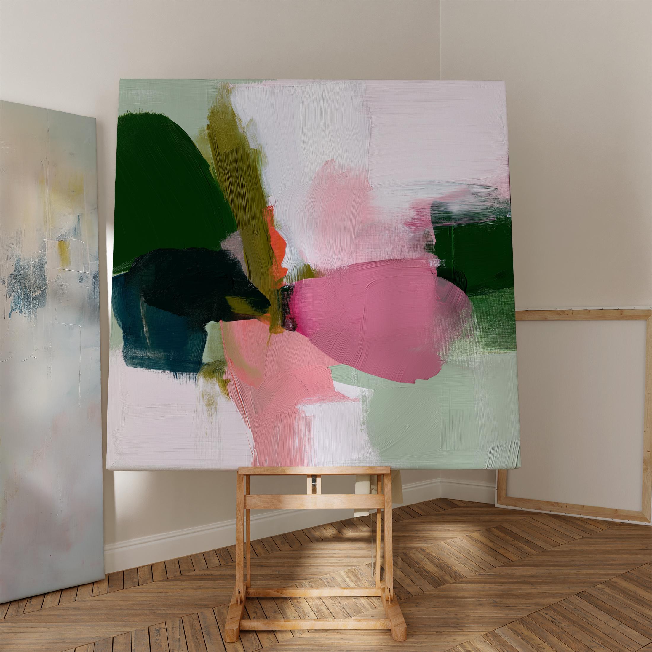 Large colorful abstract art print on stretched canvas, gallery-wrapped and ready to hang. Perfect for vibrant wall decor in homes, modern offices, and staging projects. Giclée canvas print featuring bold brushstrokes, expressive color, and modern statement style. Bold Abstract Wall Art Olive Green Blush Rose Pink Canvas Print Square Framed Colorful Art for Living Room Decor or Office | 430