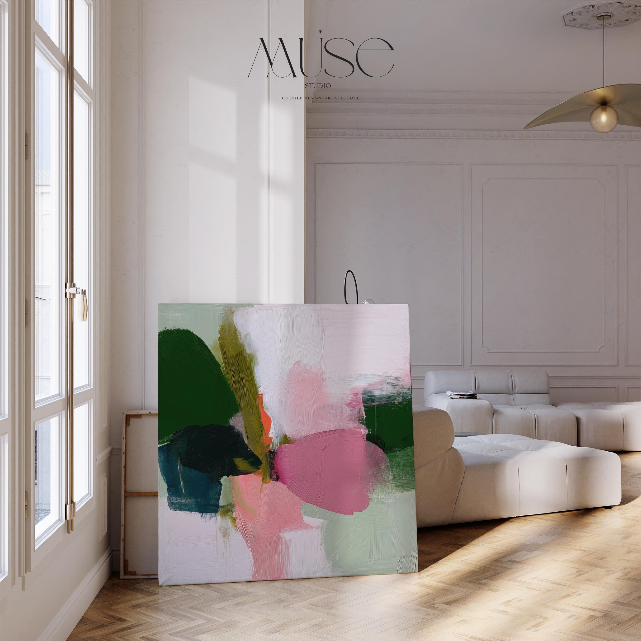 Large colorful abstract art print on stretched canvas, gallery-wrapped and ready to hang. Perfect for vibrant wall decor in homes, modern offices, and staging projects. Giclée canvas print featuring bold brushstrokes, expressive color, and modern statement style. Bold Abstract Wall Art Olive Green Blush Rose Pink Canvas Print Square Framed Colorful Art for Living Room Decor or Office | 430