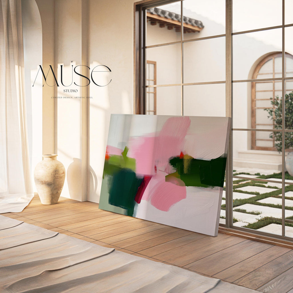 Abstract Canvas Wall Art in Olive Green Blush Pink White Modern Minimalist Painting for Contemporary Home Decor & Curated Interiors | 431