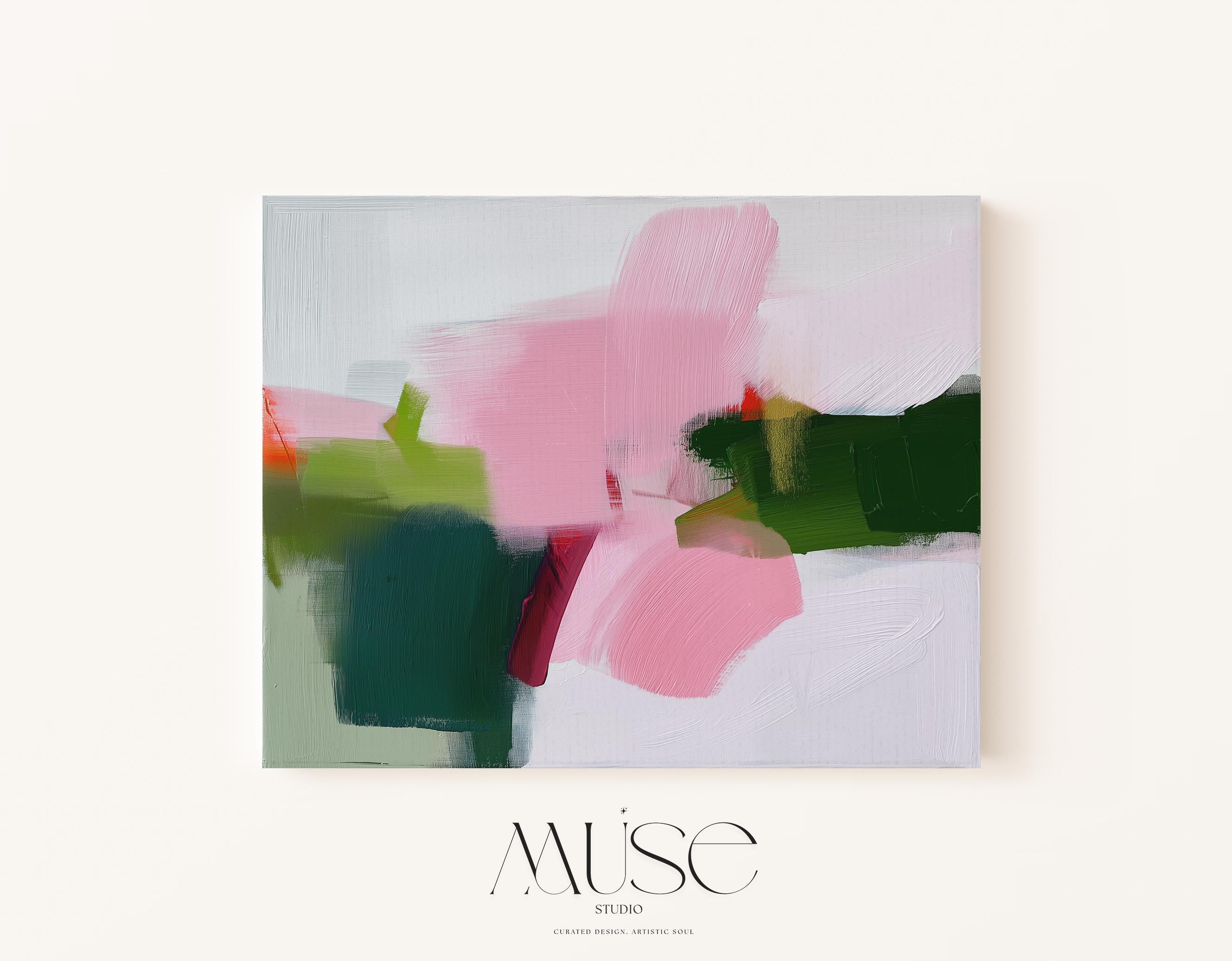 Abstract Canvas Wall Art in Olive Green Blush Pink White Modern Minimalist Painting for Contemporary Home Decor & Curated Interiors | 431