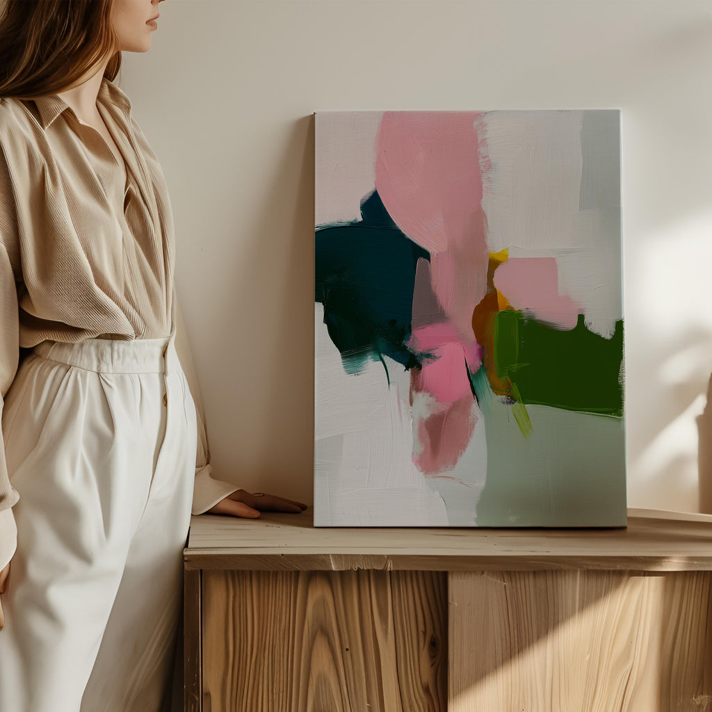 Vertical Canvas Wall Art Modern Abstract Giclée Print in Deep Green and Rose Pink Warm Minimalist Home Decor for bedroom office entry | 432