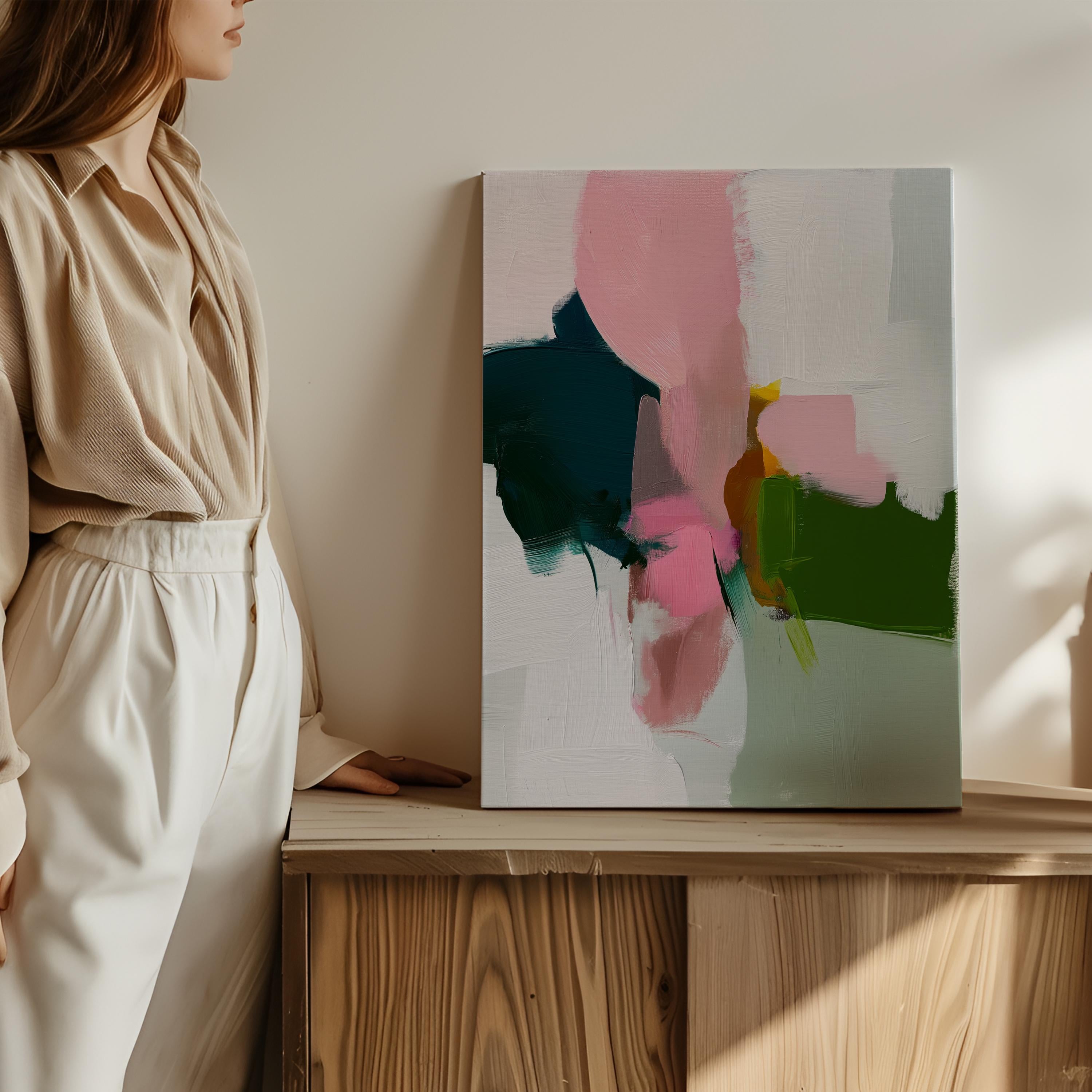 Vertical Canvas Wall Art Modern Abstract Giclée Print in Deep Green and Rose Pink Warm Minimalist Home Decor for bedroom office entry | 432