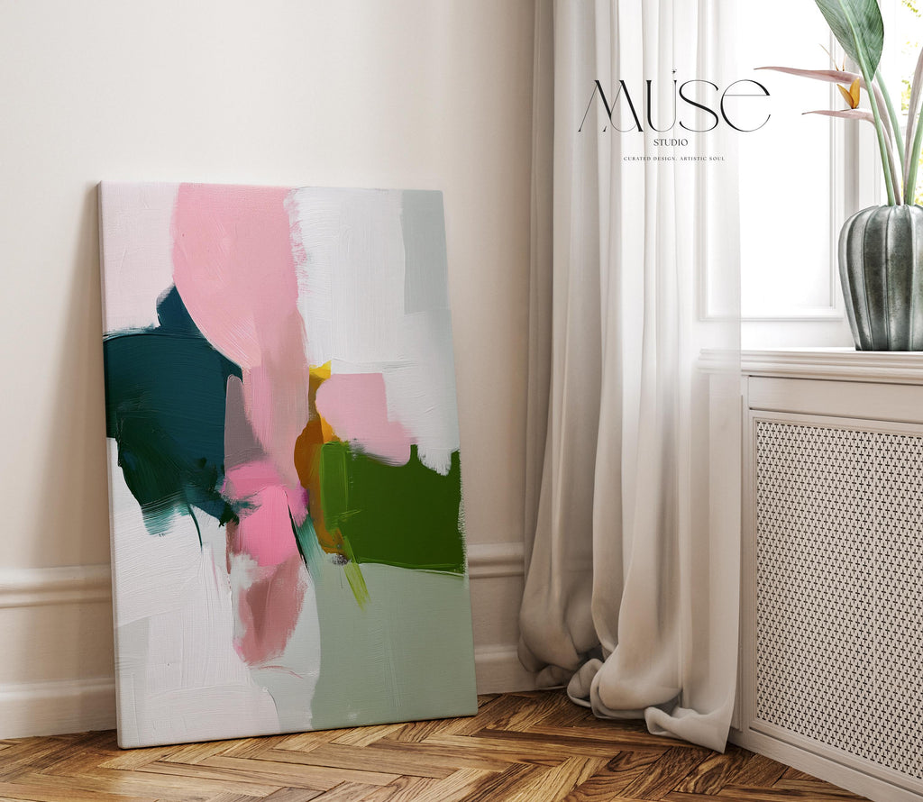 Large colorful abstract art print on stretched canvas, gallery-wrapped and ready to hang. Perfect for vibrant wall decor in homes, modern offices, and staging projects. Giclée canvas print featuring bold brushstrokes, expressive color, and modern statement style. Vertical Canvas Wall Art Modern Abstract Giclée Print in Deep Green and Rose Pink Warm Minimalist Home Decor for bedroom office entry | 432