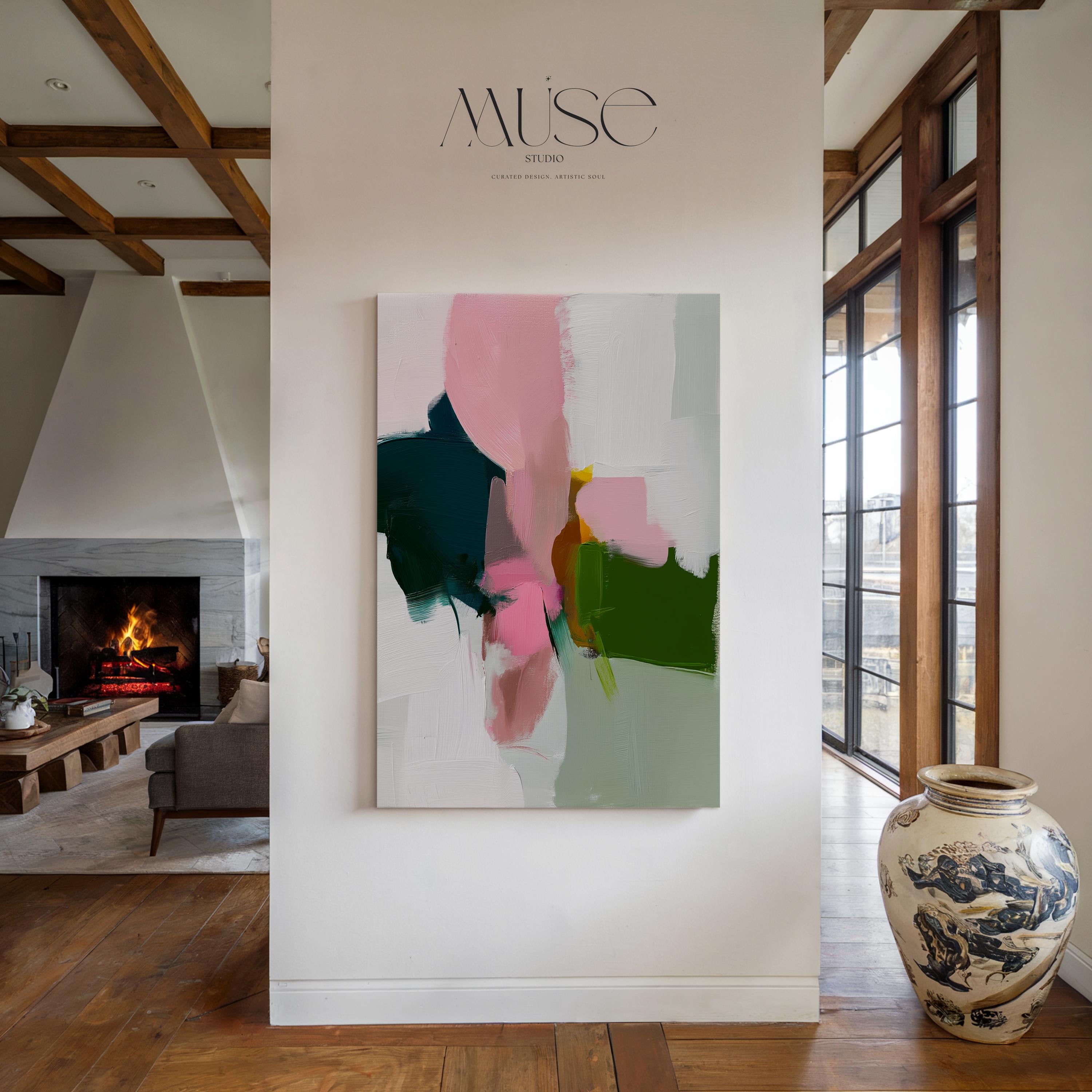 Colorful abstract wall art staged in modern neutral home decor. Large statement art print displayed in living room, bedroom, or office space. Vibrant canvas or giclée print adds bold style to contemporary interiors, perfect for home decor, office staging, and design projects Vertical Canvas Wall Art Modern Abstract Giclée Print in Deep Green and Rose Pink Warm Minimalist Home Decor for bedroom office entry | 432