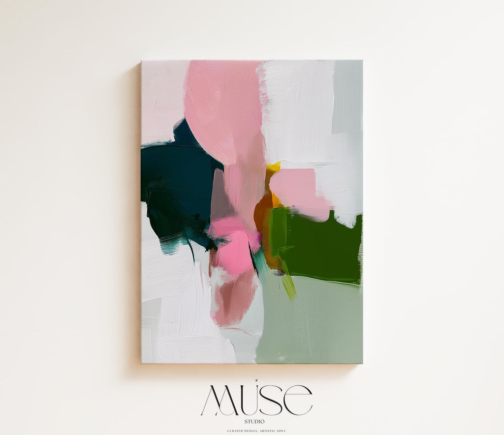 Large colorful abstract art print on stretched canvas, gallery-wrapped and ready to hang. Perfect for vibrant wall decor in homes, modern offices, and staging projects. Giclée canvas print featuring bold brushstrokes, expressive color, and modern statement style. Vertical Canvas Wall Art Modern Abstract Giclée Print in Deep Green and Rose Pink Warm Minimalist Home Decor for bedroom office entry | 432