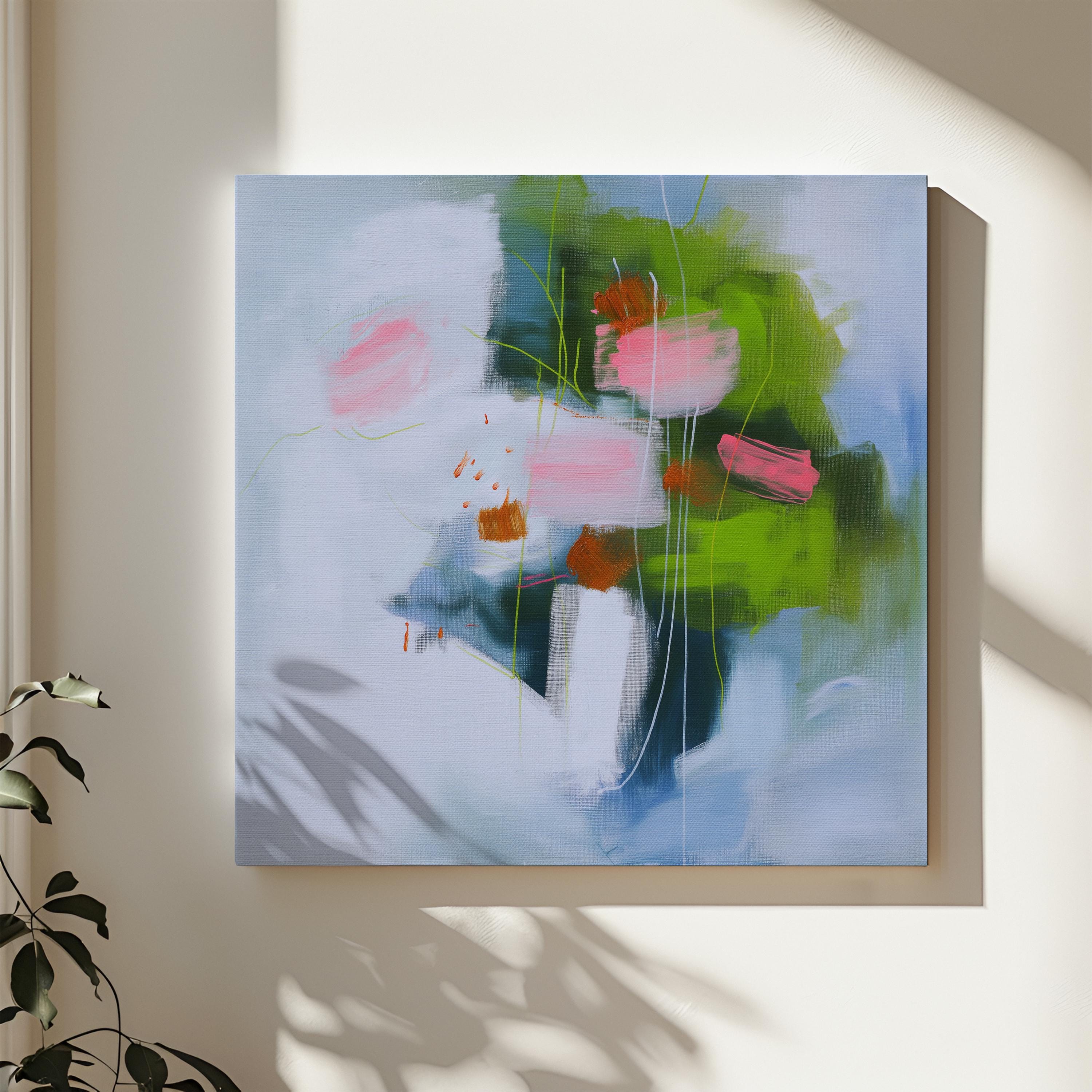 Large Colorful Abstract Canvas Wall Art in Pink Green and Blue, Framed Preppy Art Print for Living Room or Bedroom, Bright Decor 423