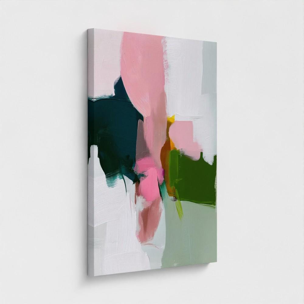 Large colorful abstract art print on stretched canvas, gallery-wrapped and ready to hang. Perfect for vibrant wall decor in homes, modern offices, and staging projects. Giclée canvas print featuring bold brushstrokes, expressive color, and modern statement style. Vertical Canvas Wall Art Modern Abstract Giclée Print in Deep Green and Rose Pink Warm Minimalist Home Decor for bedroom office entry | 432