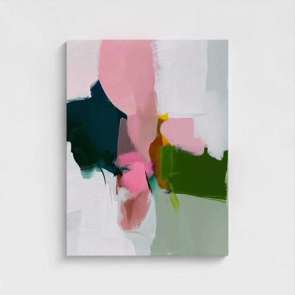 Large colorful abstract art print on stretched canvas, gallery-wrapped and ready to hang. Perfect for vibrant wall decor in homes, modern offices, and staging projects. Giclée canvas print featuring bold brushstrokes, expressive color, and modern statement style. Vertical Canvas Wall Art Modern Abstract Giclée Print in Deep Green and Rose Pink Warm Minimalist Home Decor for bedroom office entry | 432