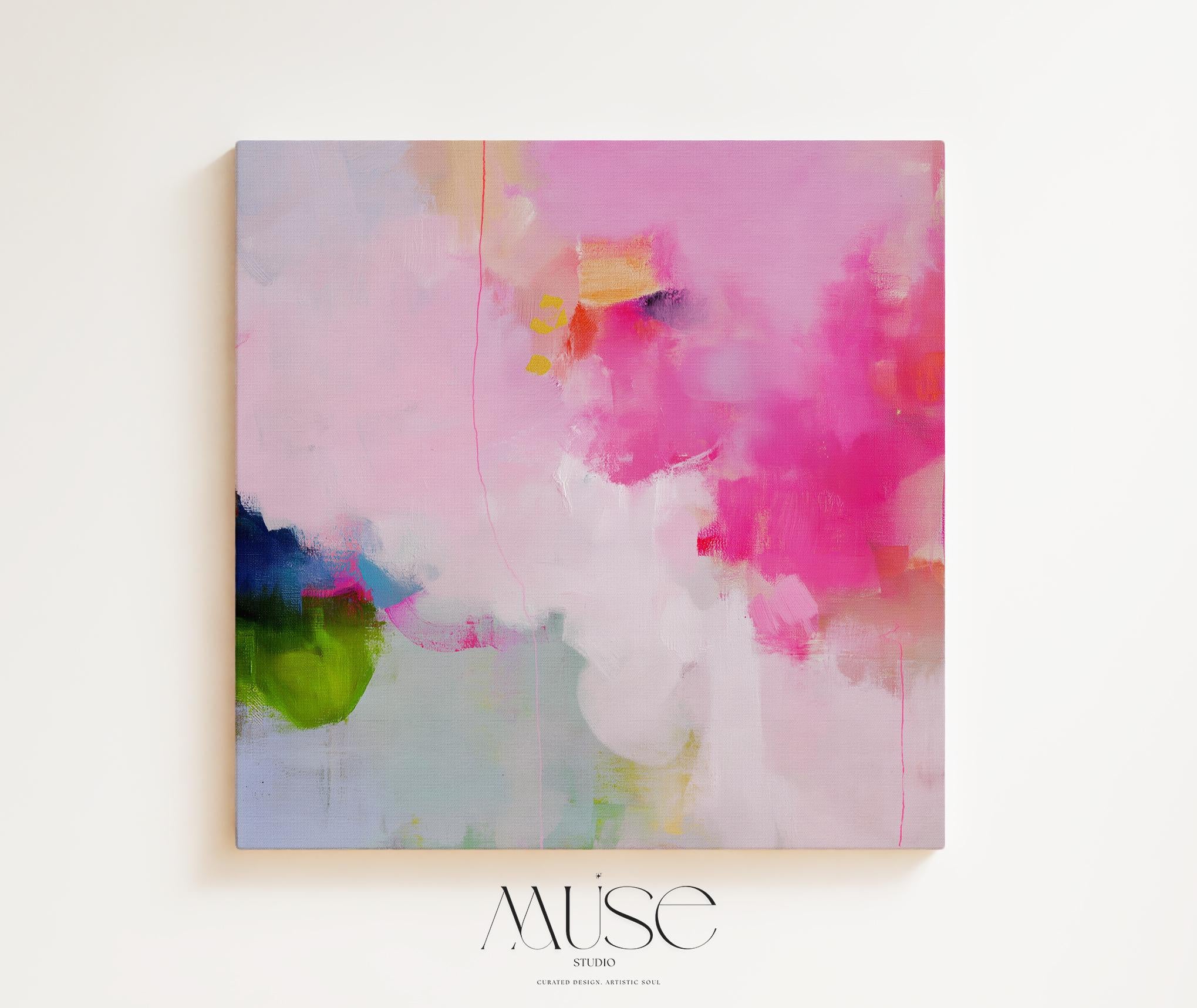 Soft Pink and Green Abstract Canvas Wall Art, Colorful Square Framed Art for Modern Living Room or Nursery, Preppy Color Pop Decor 424