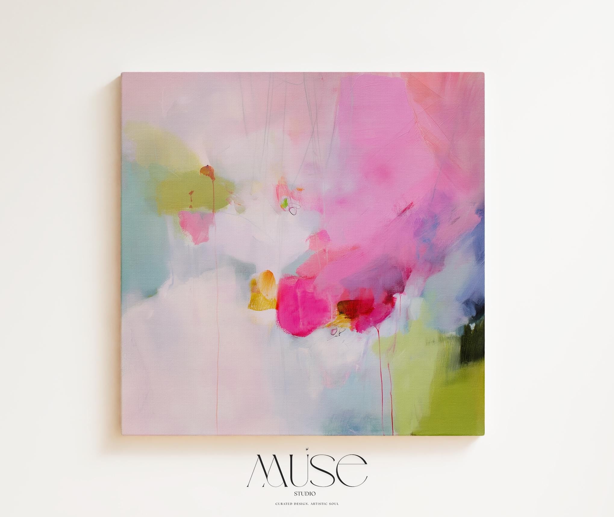 Bold abstract canvas wall art in fuchsia pink, lime green, lavender, and sky blue. Features painterly strokes and layered textures in a square format. Boho and color pop styling, ideal for creative bedrooms, statement living rooms, or artistic home offices. Gallery-wrapped giclée on 400gsm cotton canvas, stretched on 38mm wooden frame.