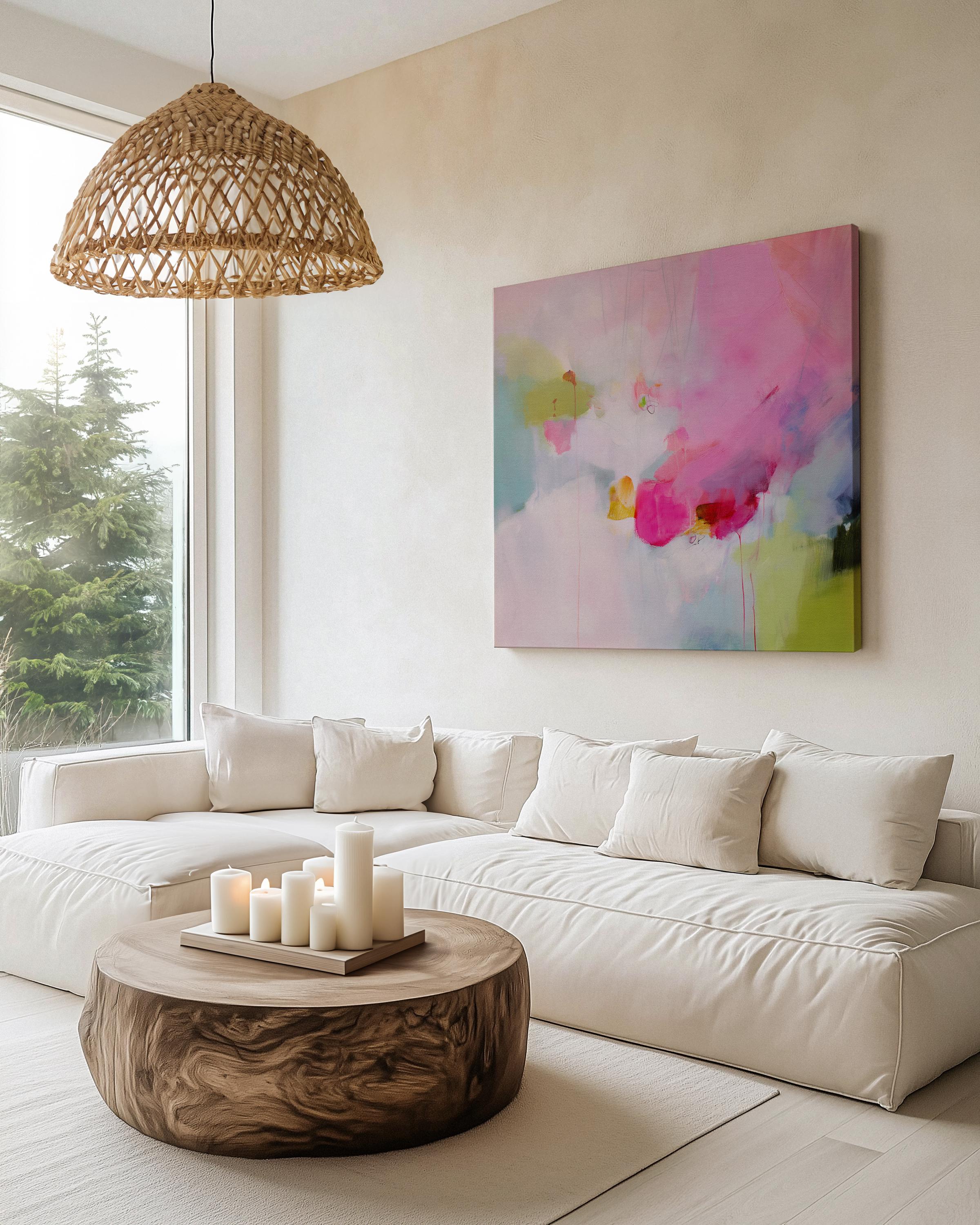 Pastel Pink and Green Abstract Canvas Wall Art, Large Square Framed Modern Artwork for Living Room or Nursery, Soft Colorful Decor 425