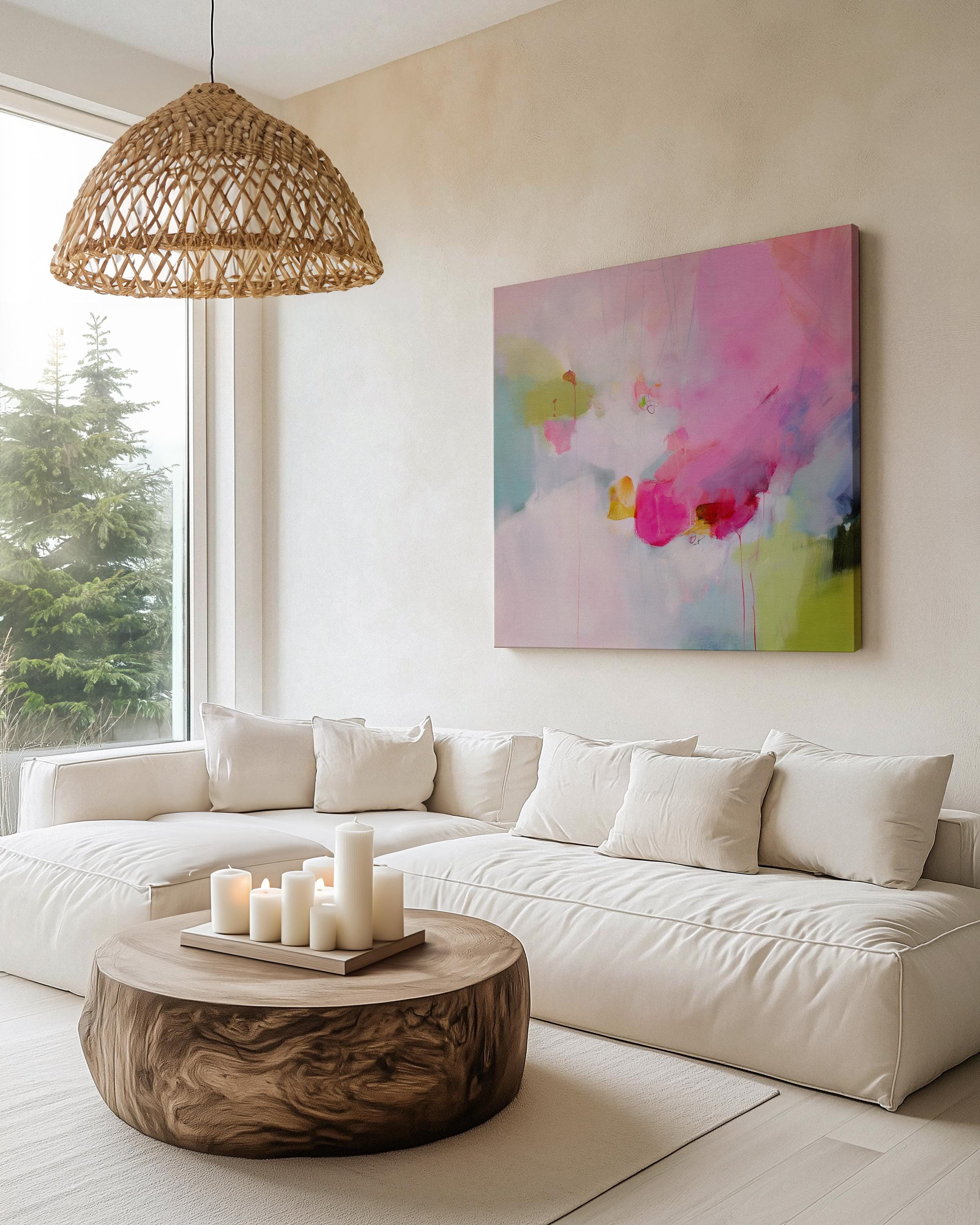 Square abstract canvas wall art featuring bold fuchsia pink, lime green, soft lavender, and blush pastel tones in an expressive painterly style. This oversized color pop design brings vibrant contrast to boho interiors, creative living rooms, and joyful curated spaces. Available as gallery-wrapped canvas or framed canvas wall art in multiple sizes.
