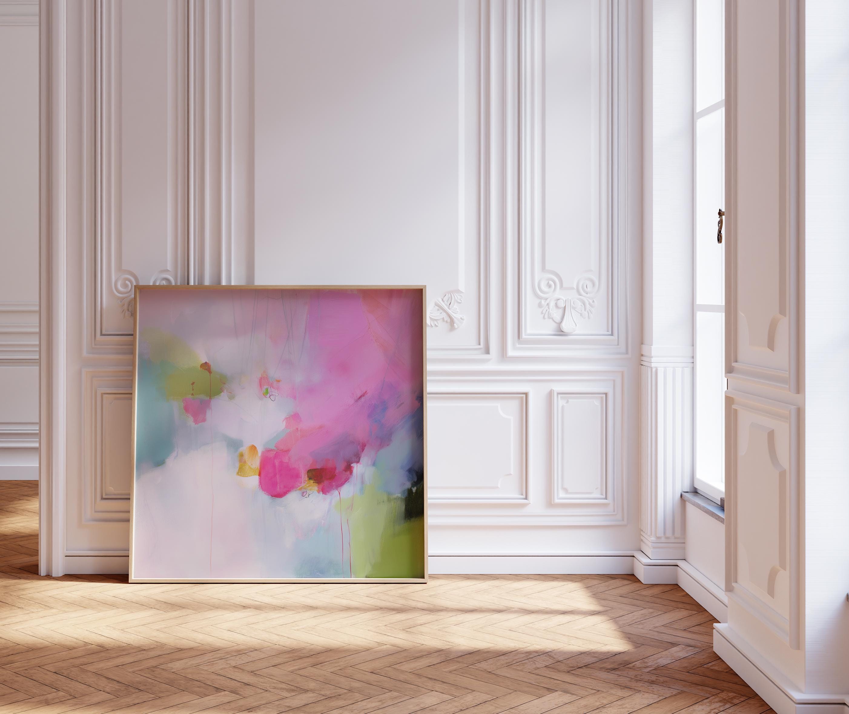Botanical Abstract Pastel Art Print in Pink and Green, Modern Wall Decor Poster for Nursery or Bedroom, Large Soft Colorful Artwork 425
