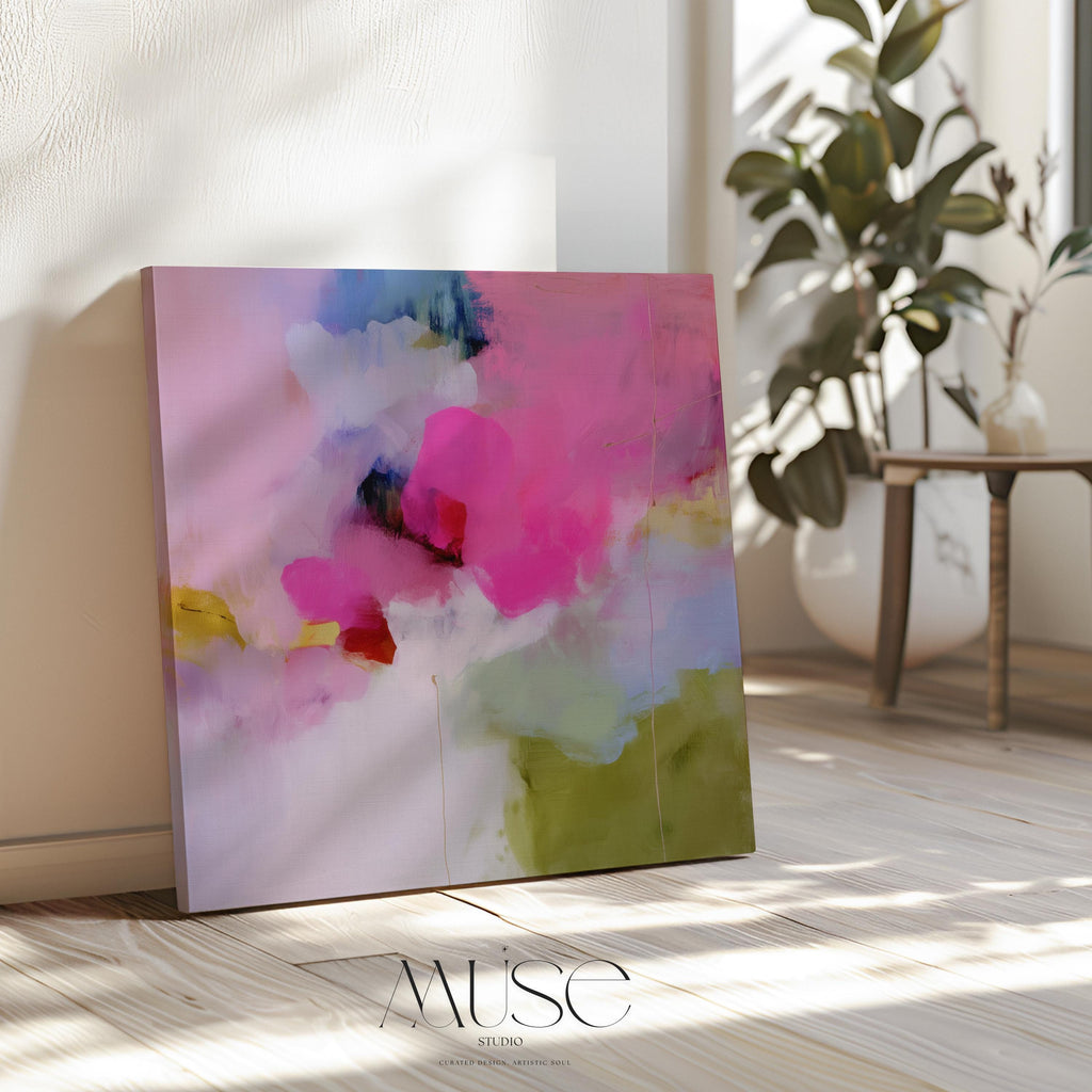 Abstract Floral Wall Art Pink Fuchsia Green Canvas Painting Soft Botanical Decor Art for Living Room Bedroom Modern Style | Muse 426 Stretched Canvas Art Large abstract wall decor on stretched canvas, gallery-wrapped and ready to hang. Perfect for colorful wall art in living rooms, office spaces, and design projects. Giclée canvas print with bold brushwork and vibrant modern style for impactful home decor. Muse Studio Decor Art.