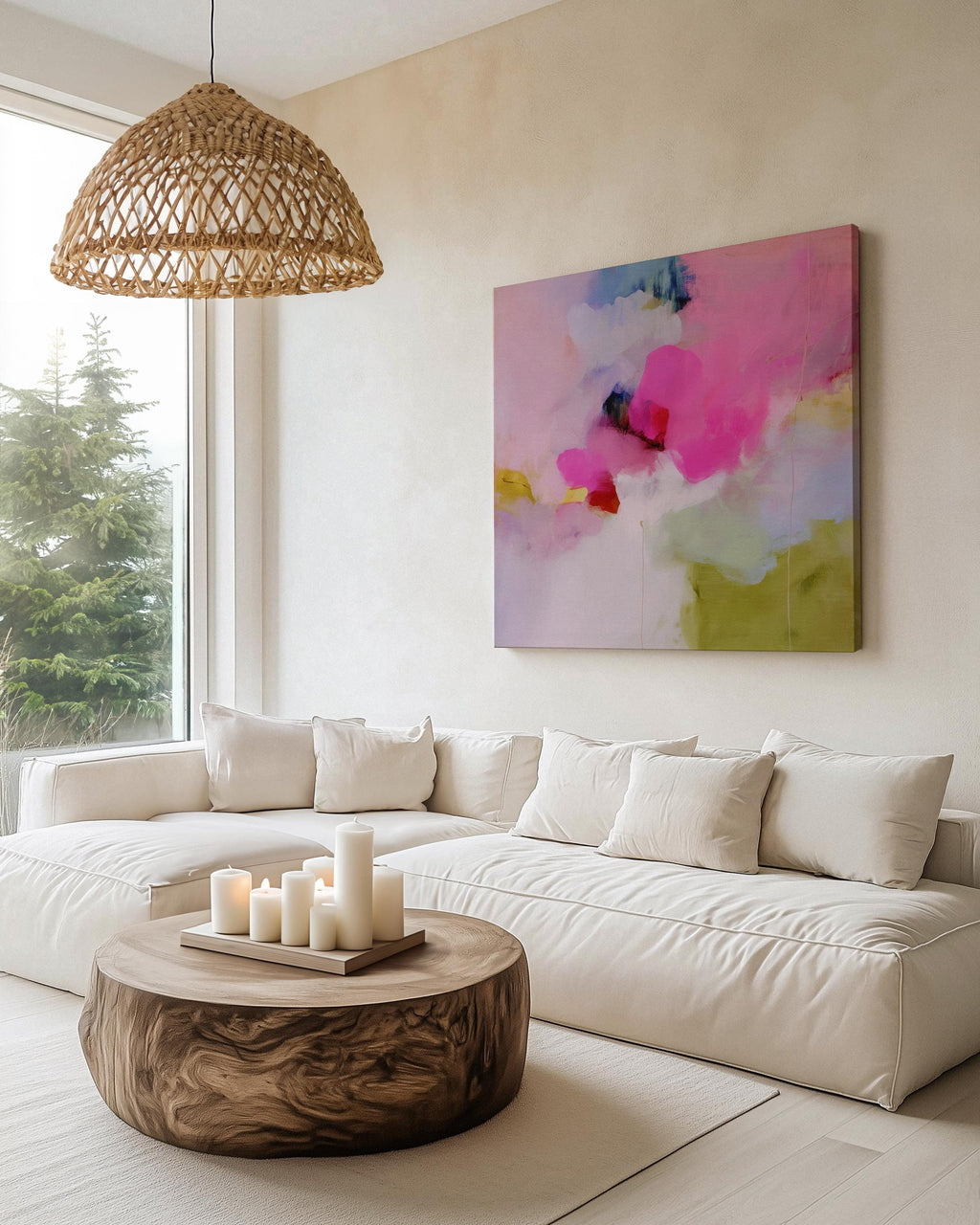 Abstract Floral Wall Art Pink Fuchsia Green Canvas Painting Soft Botanical Decor Art for Living Room Bedroom Modern Style | Muse 426