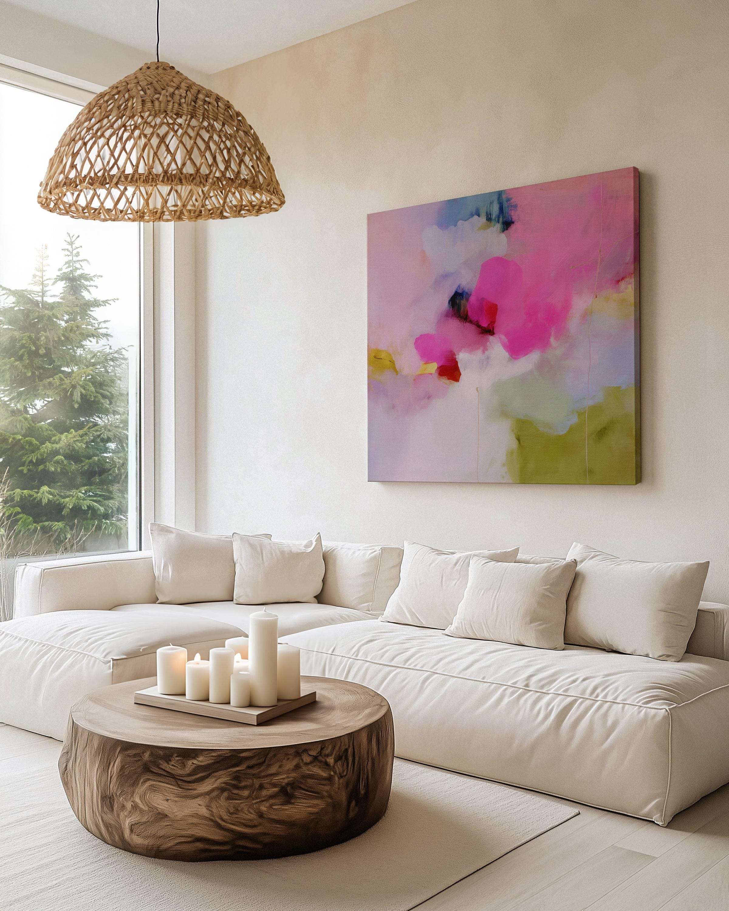 Abstract Floral Wall Art Pink Fuchsia Green Canvas Painting Soft Botanical Decor Art for Living Room Bedroom Modern Style | Muse 426 Stretched Canvas Art Large abstract wall decor on stretched canvas, gallery-wrapped and ready to hang. Perfect for colorful wall art in living rooms, office spaces, and design projects. Giclée canvas print with bold brushwork and vibrant modern style for impactful home decor. Muse Studio Decor Art.
