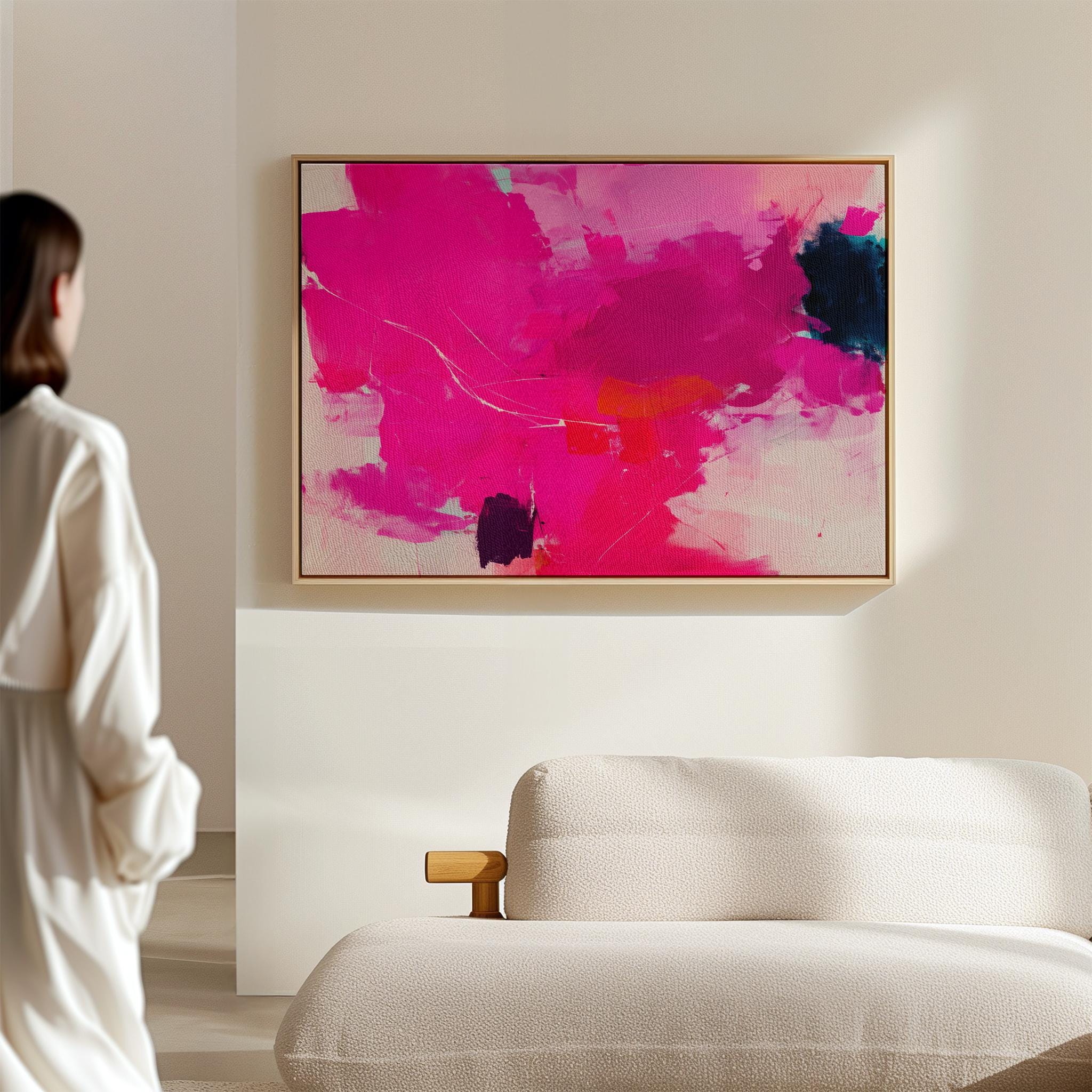 Bold Fuchsia Abstract Canvas Art Pink Navy Orange Painting Horizontal Wall Decor for Living Room Office Modern Statement Art | Muse 445