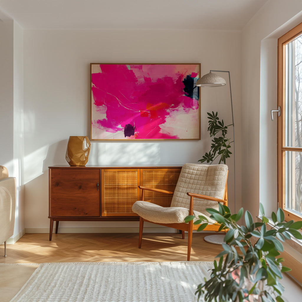 Bold Fuchsia Abstract Canvas Art Pink Navy Orange Painting Horizontal Wall Decor for Living Room Office Modern Statement Art | Muse 445 Framed Canvas Art Colorful abstract wall art on framed canvas, perfect for bold decor art and modern wall decor. Large statement piece with expressive brushstrokes and rich textures. Ready-to-hang giclée canvas designed to energize living rooms, offices, and curated interiors. Muse Studio Decor Art.