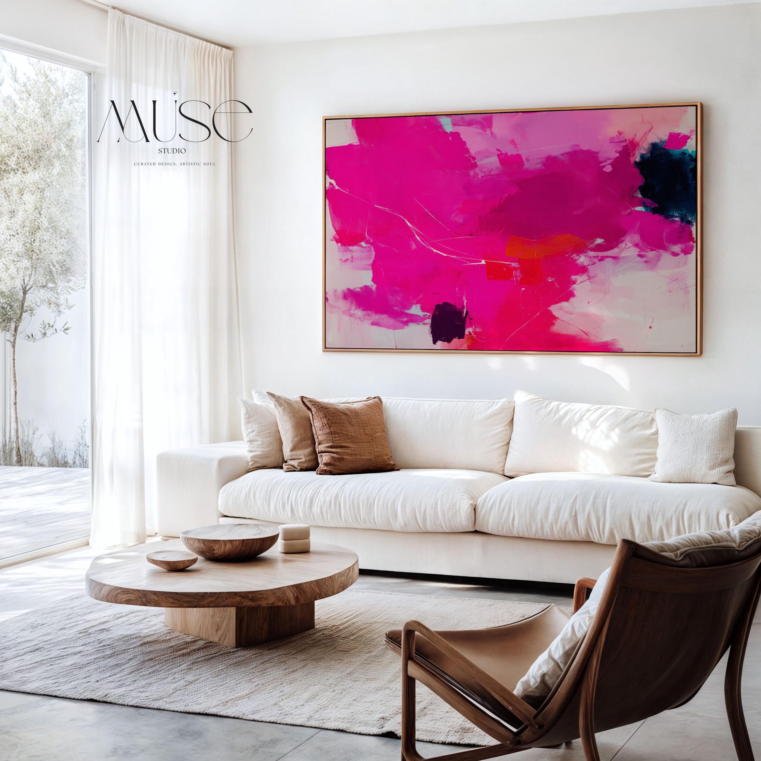 Bold Fuchsia Abstract Canvas Art Pink Navy Orange Painting Horizontal Wall Decor for Living Room Office Modern Statement Art | Muse 445 Framed Canvas Art Colorful abstract wall art on framed canvas, perfect for bold decor art and modern wall decor. Large statement piece with expressive brushstrokes and rich textures. Ready-to-hang giclée canvas designed to energize living rooms, offices, and curated interiors. Muse Studio Decor Art.