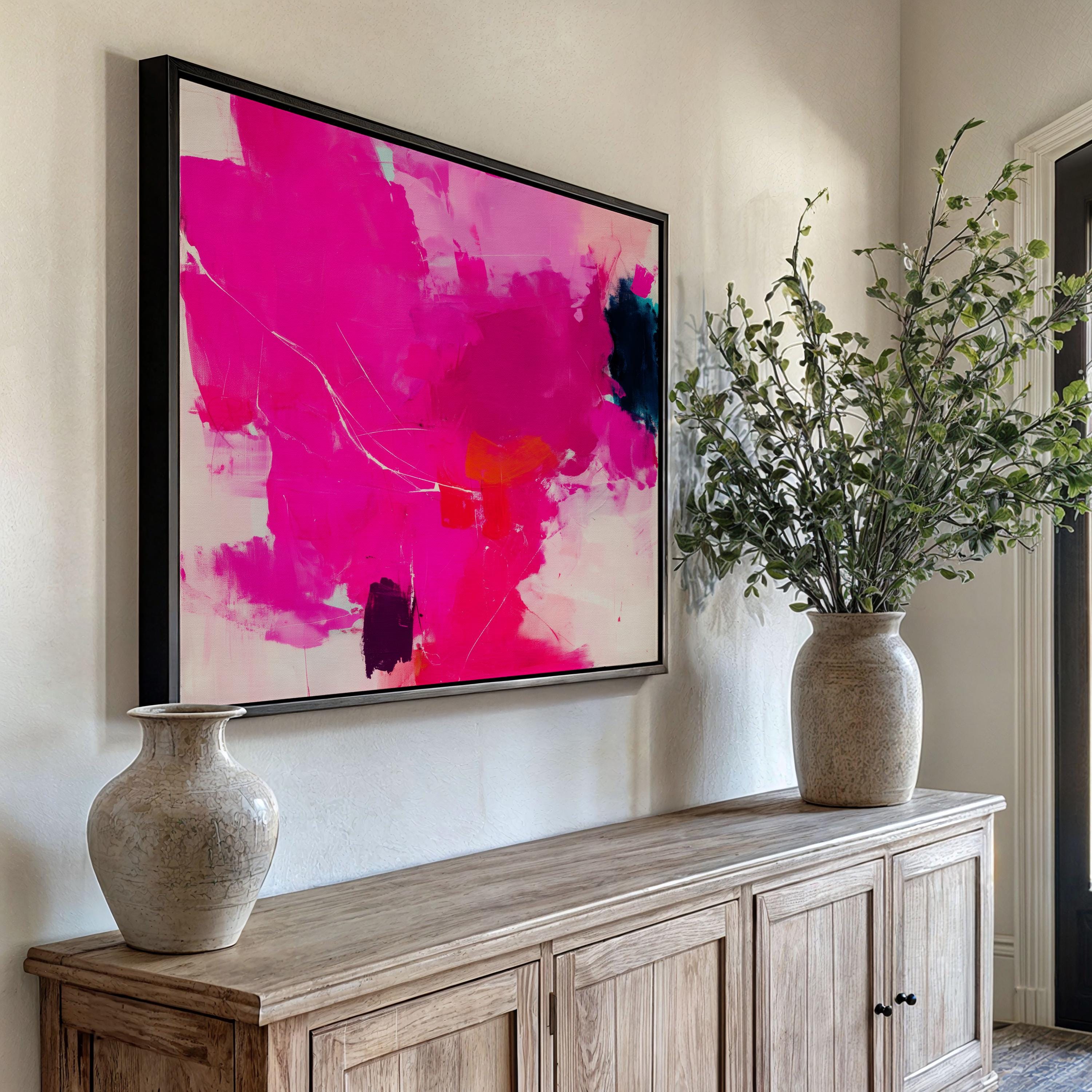 Bold Fuchsia Abstract Canvas Art Pink Navy Orange Painting Horizontal Wall Decor for Living Room Office Modern Statement Art | Muse 445