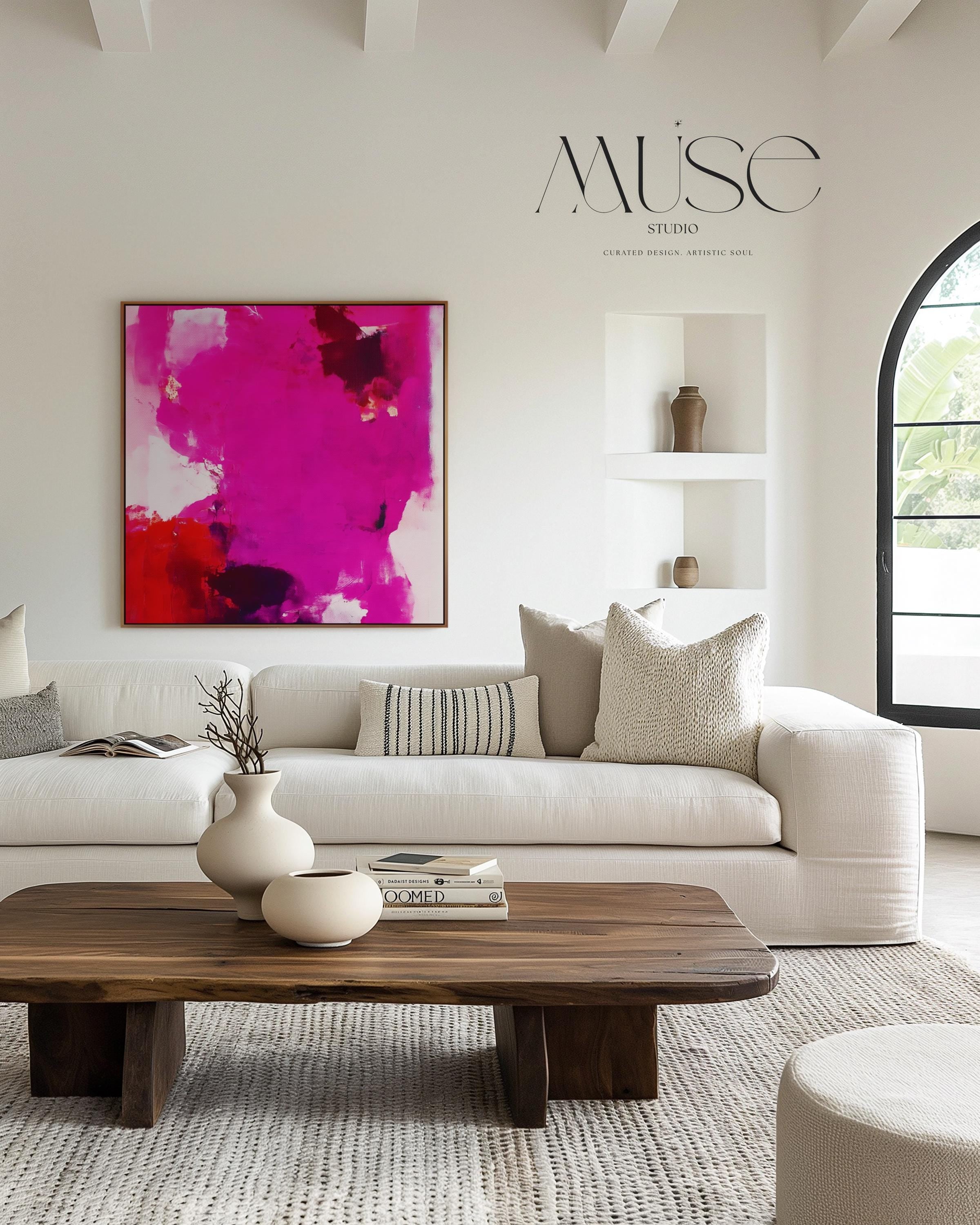 Fuchsia Red Abstract Wall Art Square Canvas Painting Bold Modern Decor for Living Room Bedroom Office Statement Art Framed Option | Muse 444 Framed Canvas Art Colorful abstract wall art on framed canvas, perfect for bold decor art and modern wall decor. Large statement piece with expressive brushstrokes and rich textures. Ready-to-hang giclée canvas designed to energize living rooms, offices, and curated interiors. Muse Studio Decor Art.