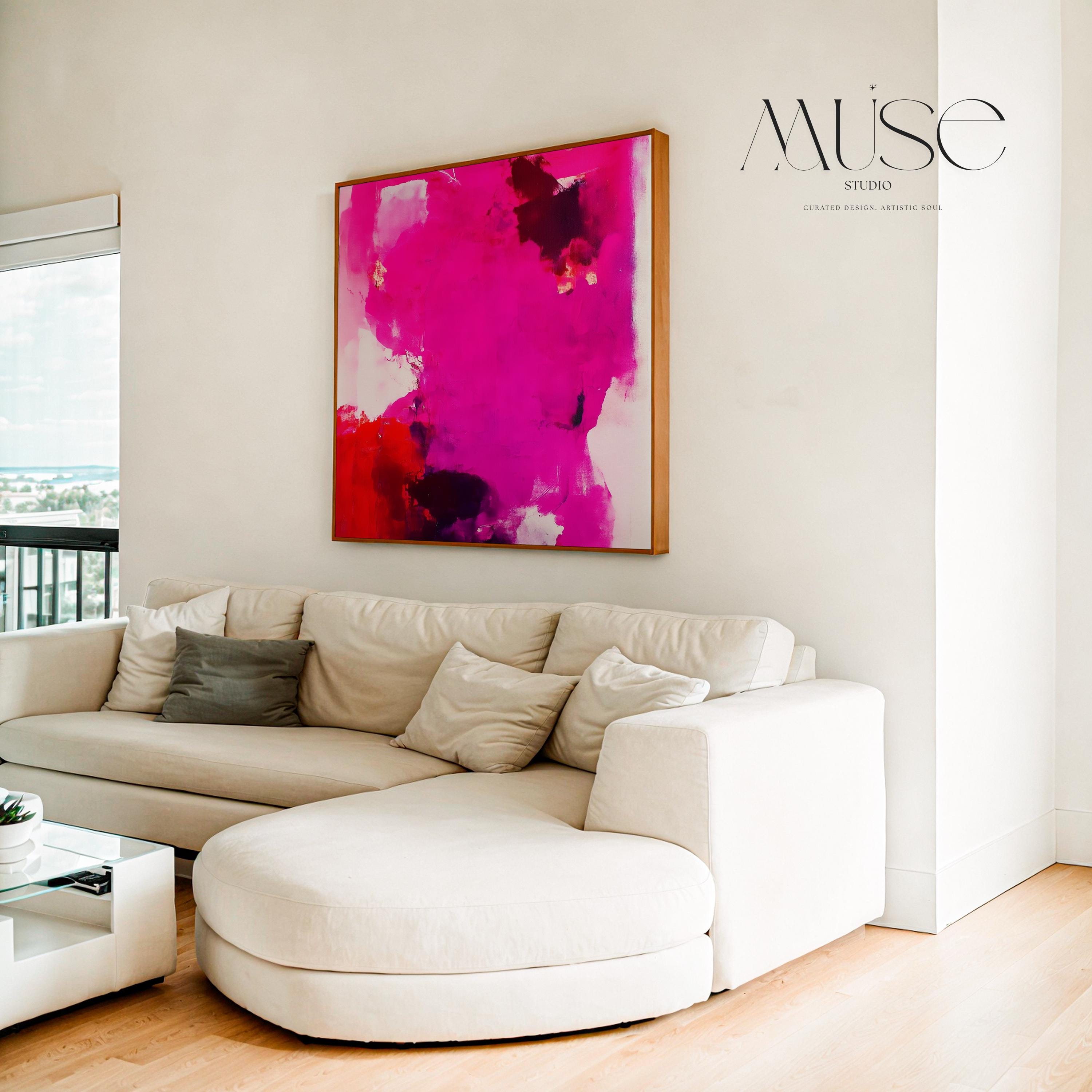 Fuchsia Red Abstract Wall Art Square Canvas Painting Bold Modern Decor for Living Room Bedroom Office Statement Art Framed Option | Muse 444