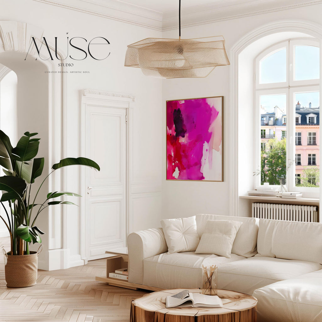 Fuchsia Red Abstract Canvas Vertical Framed Wall Art Bold Painting Modern Color Pop Wall Art Framed Minimalist Expressionist 446