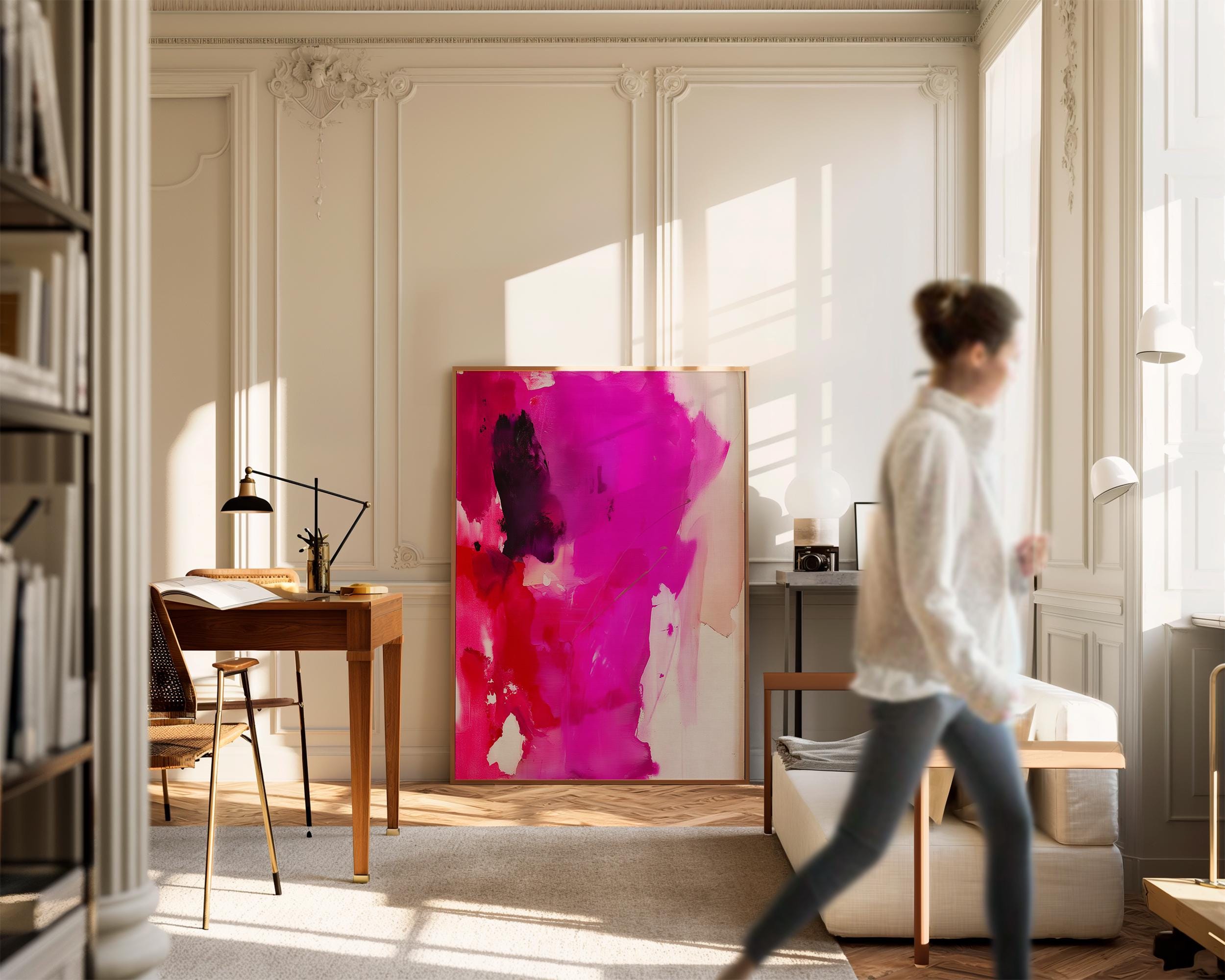 Fuchsia Red Abstract Framed Vertical Color Pop Canvas Modern Bold Painting Minimalist Expressionist Artwork Contemporary Style | Muse 446 Framed Canvas Art Colorful abstract wall art on framed canvas, perfect for bold decor art and modern wall decor. Large statement piece with expressive brushstrokes and rich textures. Ready-to-hang giclée canvas designed to energize living rooms, offices, and curated interiors. Muse Studio Decor Art.