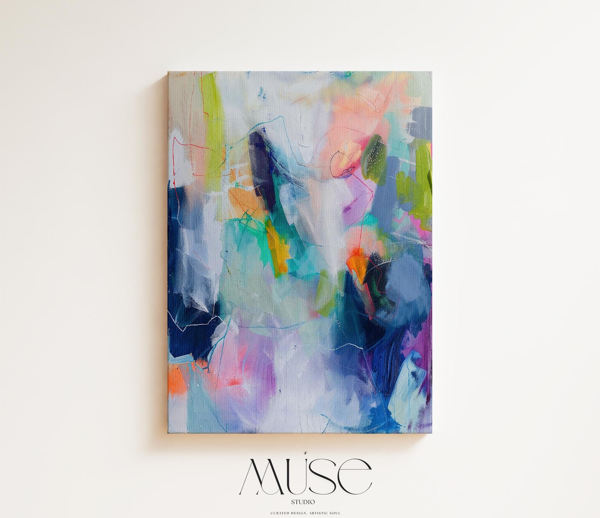 Vertical Canvas Art Large Abstract Painting Blue Purple Colorful Wall Decor for Living Room Bedroom Office Modern Statement Piece | 249 Large colorful abstract art print on stretched canvas, gallery-wrapped and ready to hang. Perfect for vibrant wall decor in homes, modern offices, and staging projects. Giclée canvas print featuring bold brushstrokes, expressive color, and modern statement style. Muse Studio Decor Art.