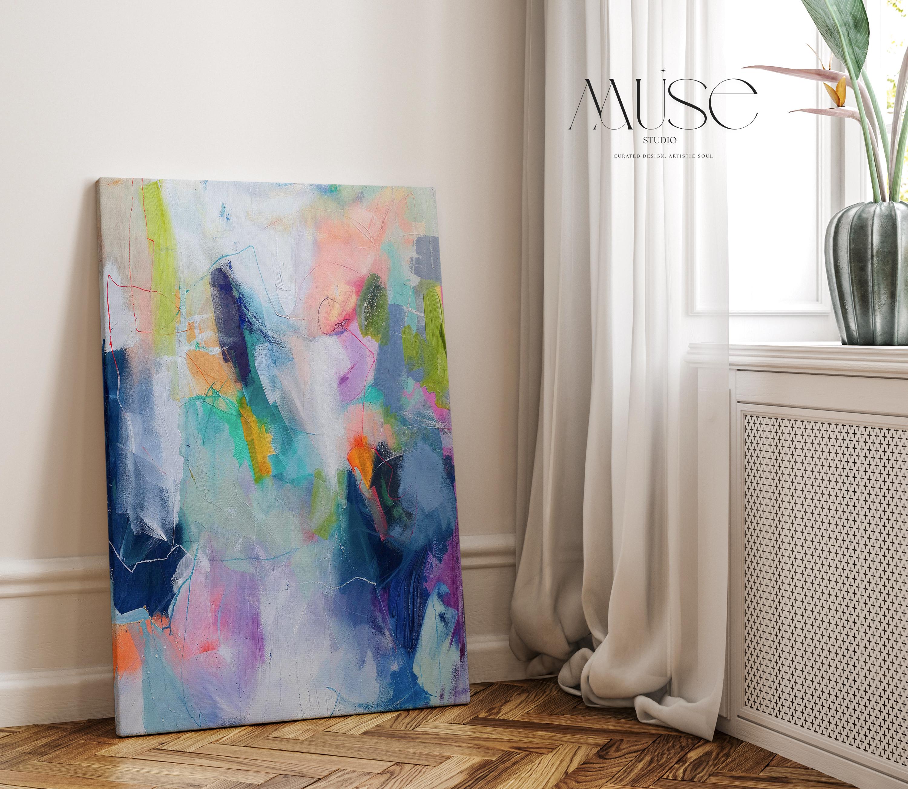 Vertical Canvas Art Large Abstract Painting Blue Purple Colorful Wall Decor for Living Room Bedroom Office Modern Statement Piece | 249 Large colorful abstract art print on stretched canvas, gallery-wrapped and ready to hang. Perfect for vibrant wall decor in homes, modern offices, and staging projects. Giclée canvas print featuring bold brushstrokes, expressive color, and modern statement style. Muse Studio Decor Art.